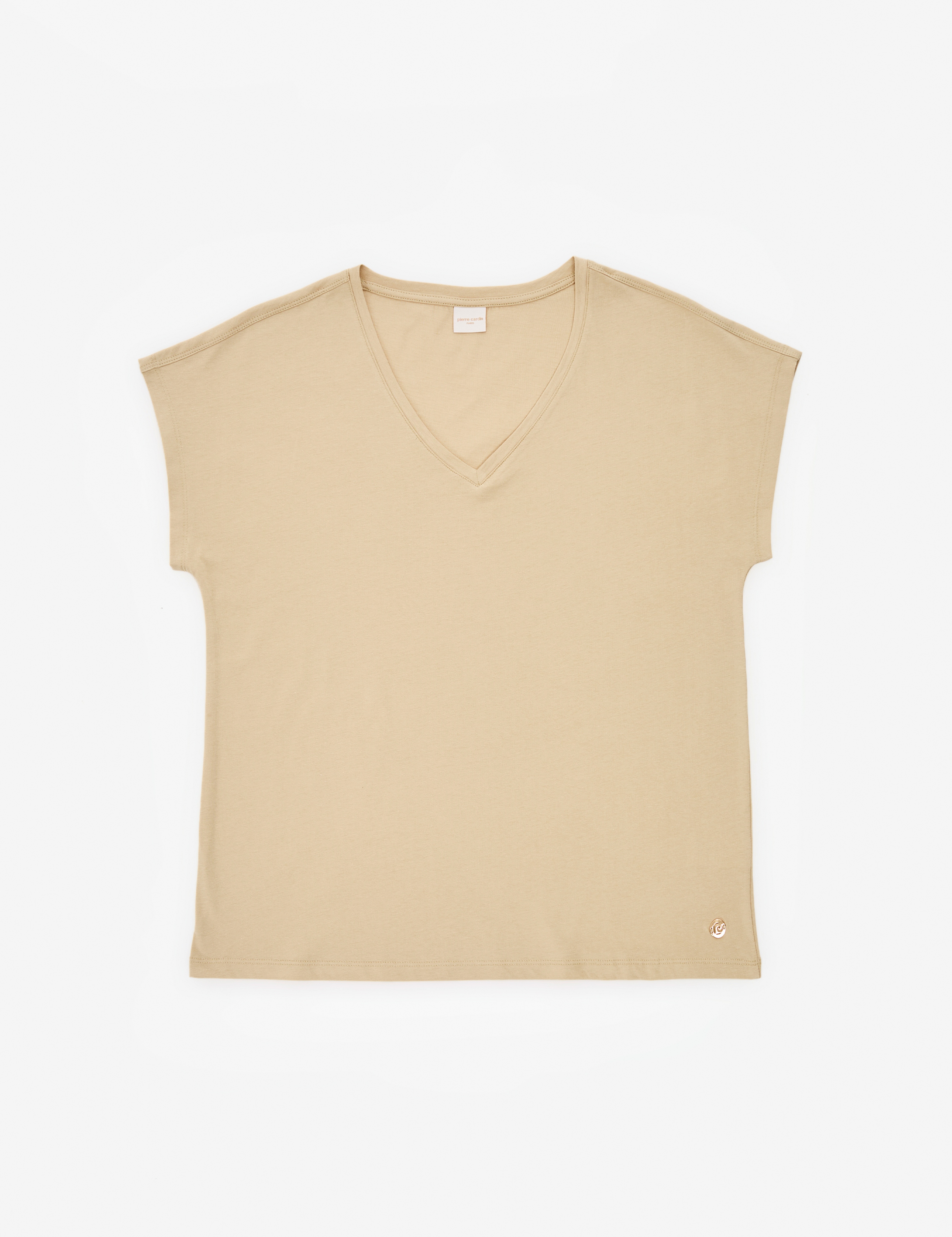 Bej Regular Fit V Yaka Basic Tişört - Image 6