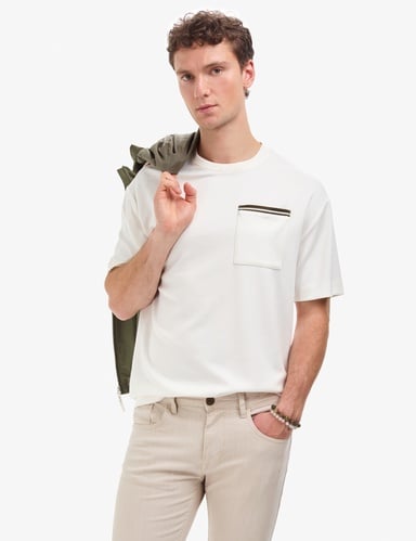 Ekru Comfort Fit Bisiklet Yaka Tişört