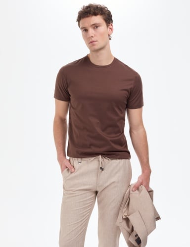 Koyu Kahverengi Regular Fit Bisiklet Yaka Basic Tişört