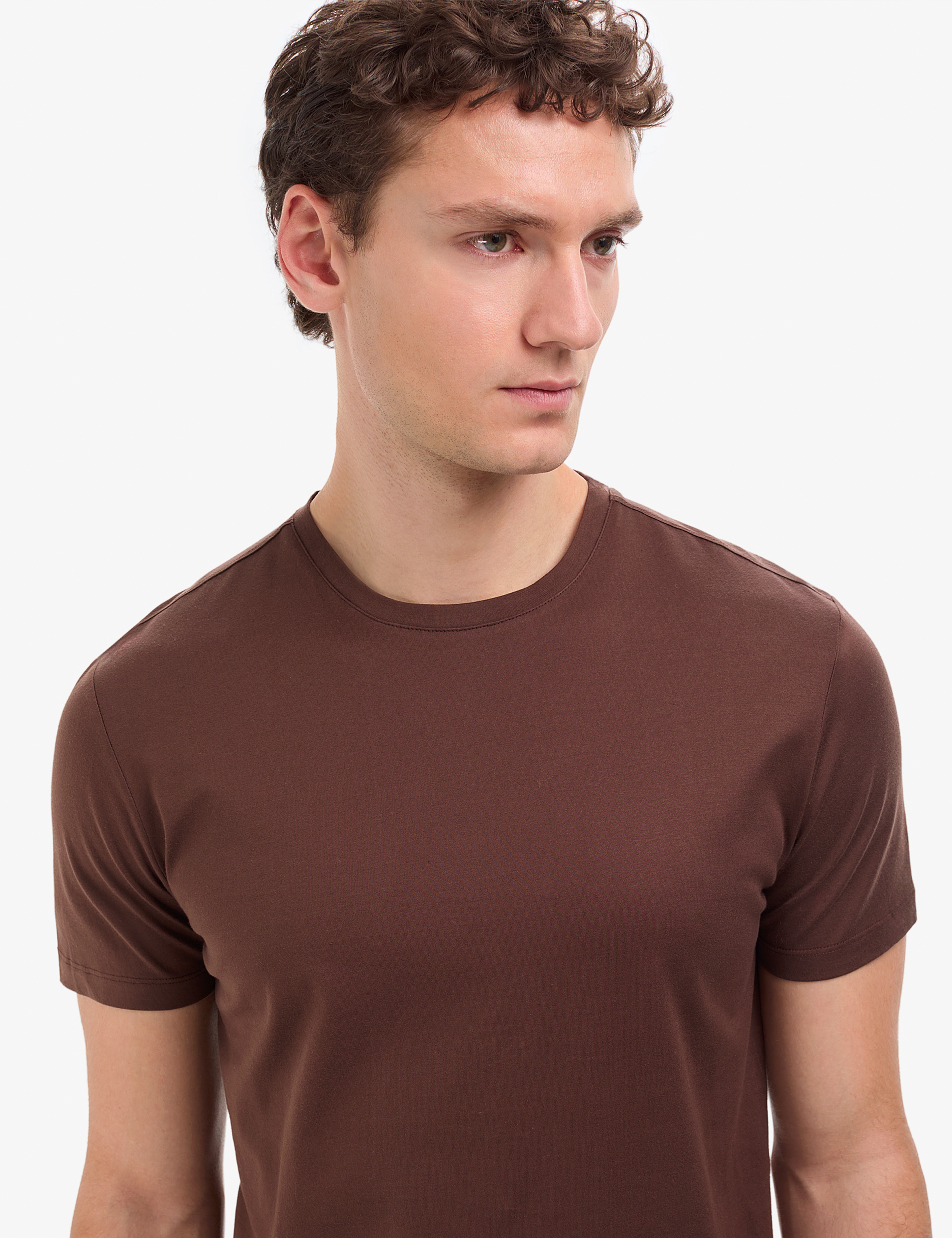Koyu Kahverengi Regular Fit Bisiklet Yaka Basic Tişört - Image 2