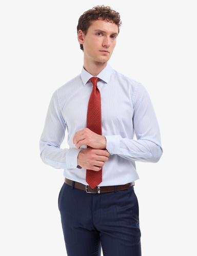 Beyaz Non Iron Ütü Gerektirmez Çizgili Slim Fit Basic Uzun Kollu Gömlek