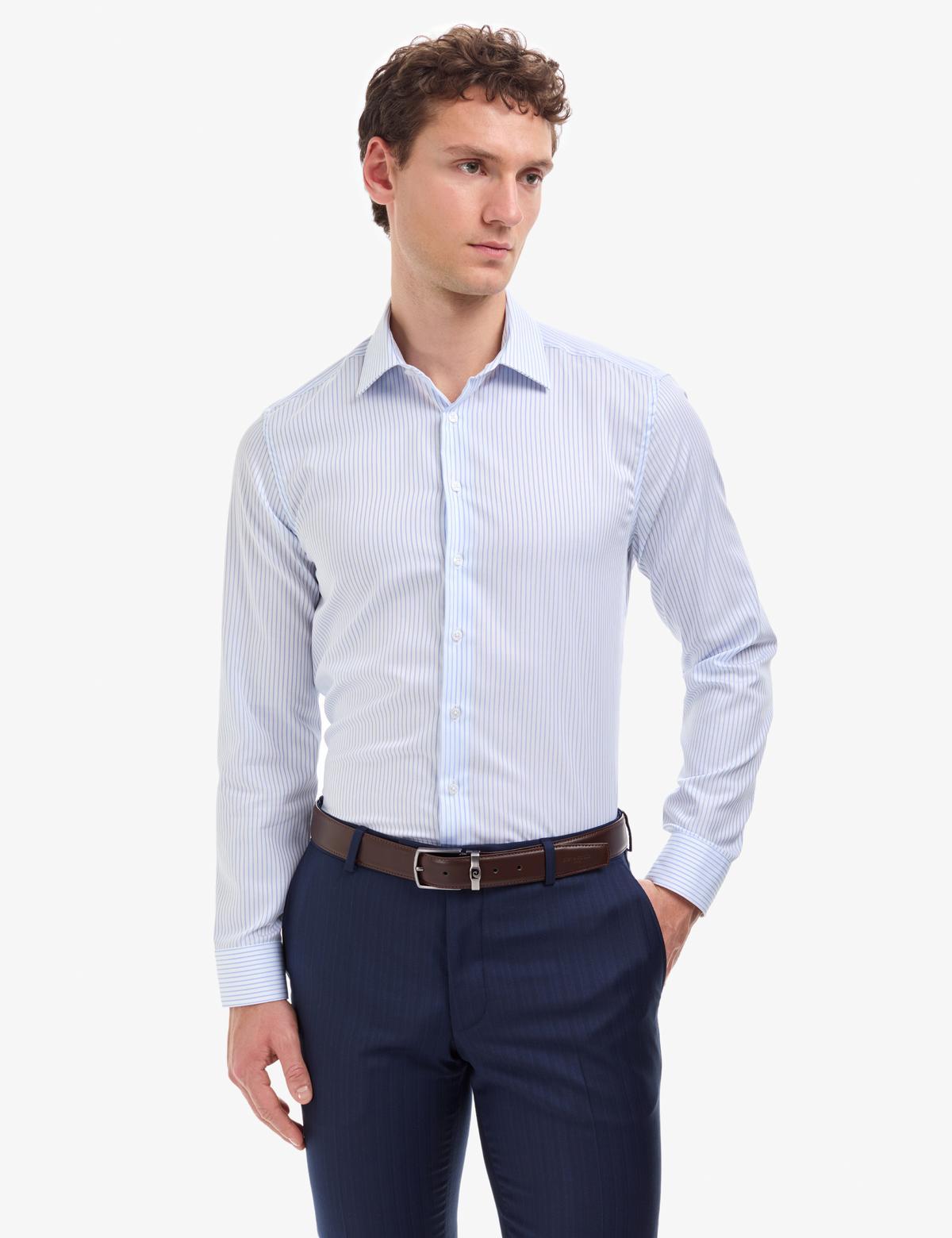Beyaz Non Iron Ütü Gerektirmez Çizgili Slim Fit Basic Uzun Kollu Gömlek - 50321024008