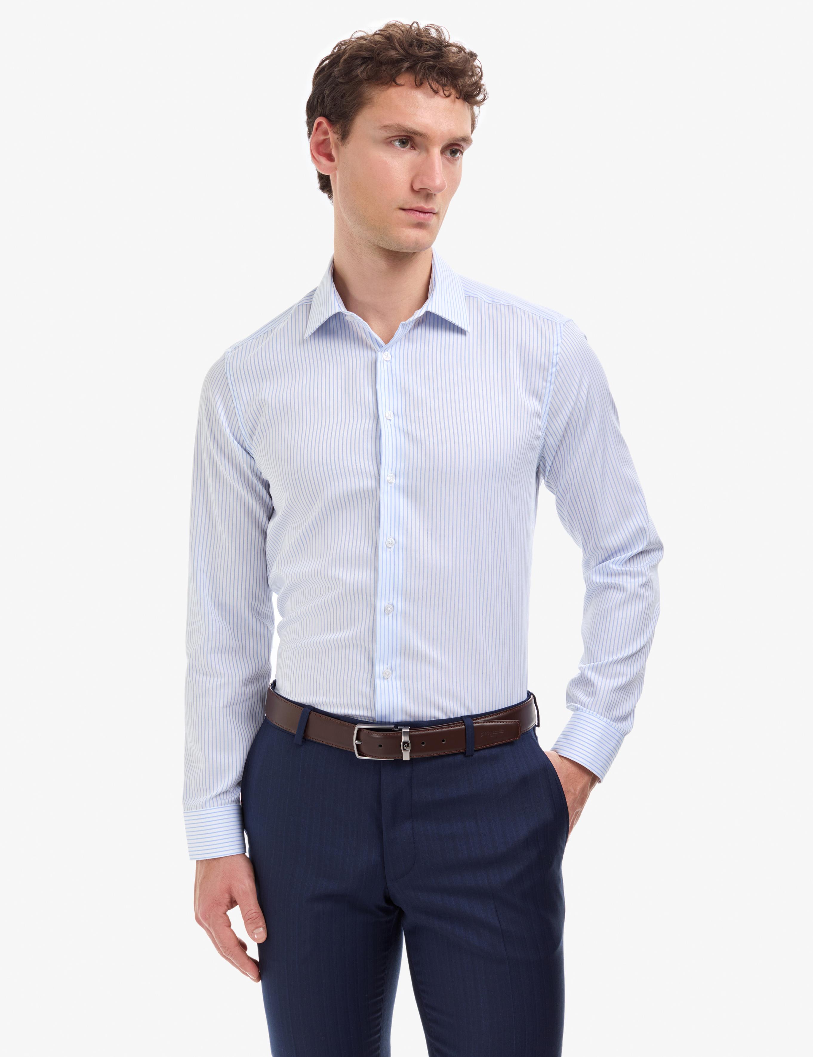 Beyaz Non Iron Ütü Gerektirmez Çizgili Slim Fit Basic Uzun Kollu Gömlek