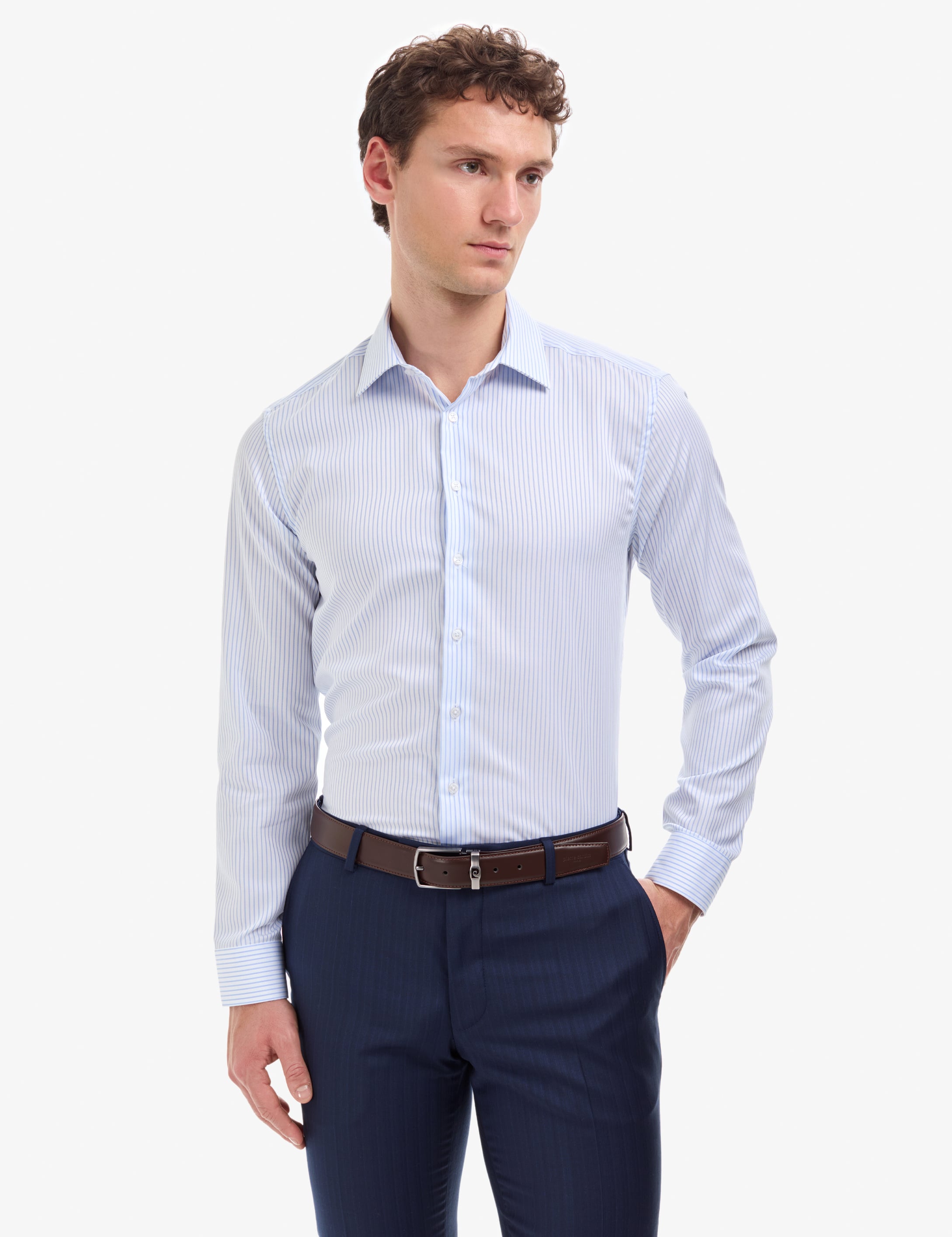 Beyaz Non Iron Ütü Gerektirmez Çizgili Slim Fit Basic Uzun Kollu Gömlek