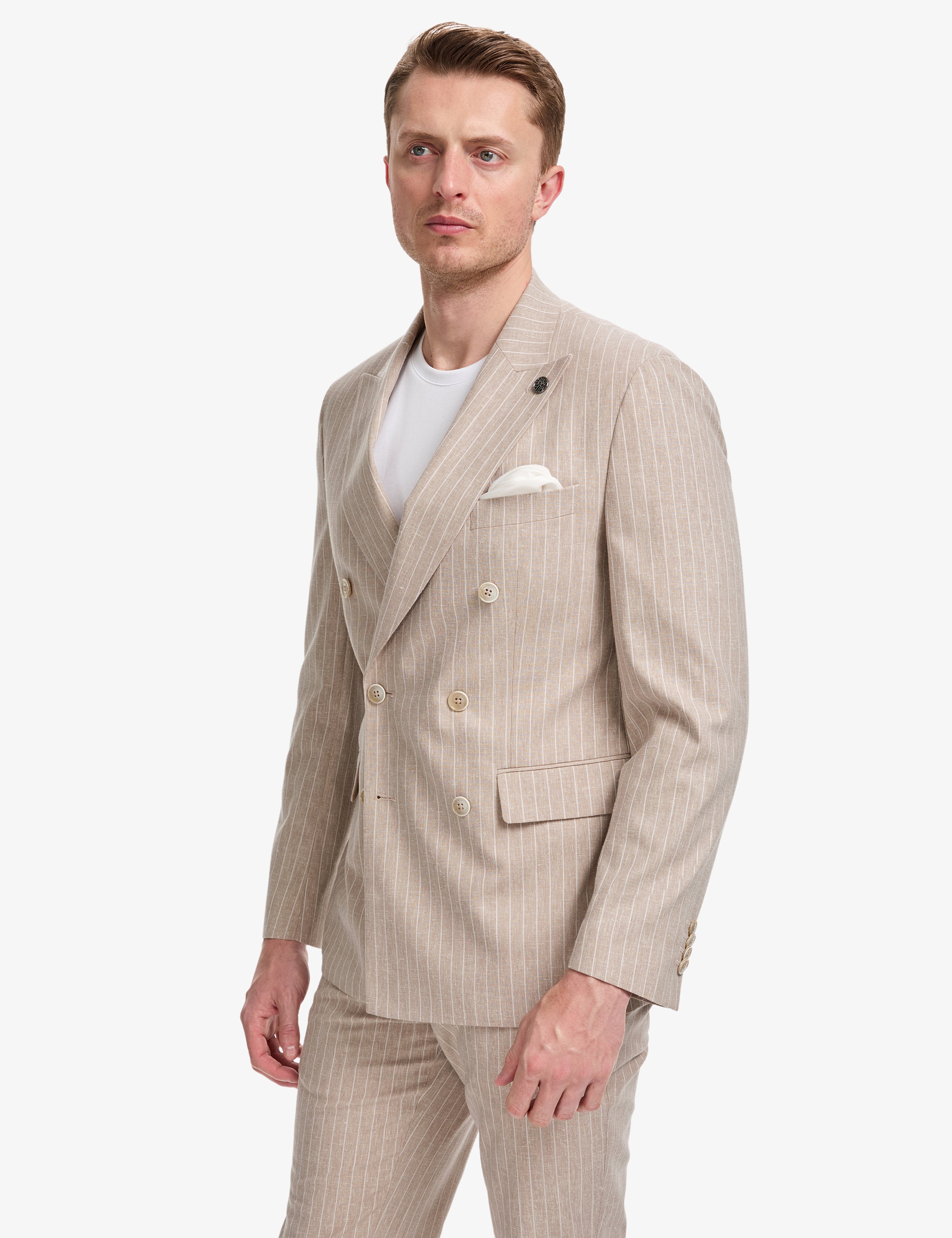 Açık Kahverengi Extra Slim Fit Keten Karışımlı Çizgili Kruvaze Takım Elbise