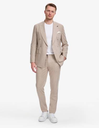 Açık Kahverengi Ex. Slim Fit Keten Karışımlı Çizgili Kruvaze Takım Elbise