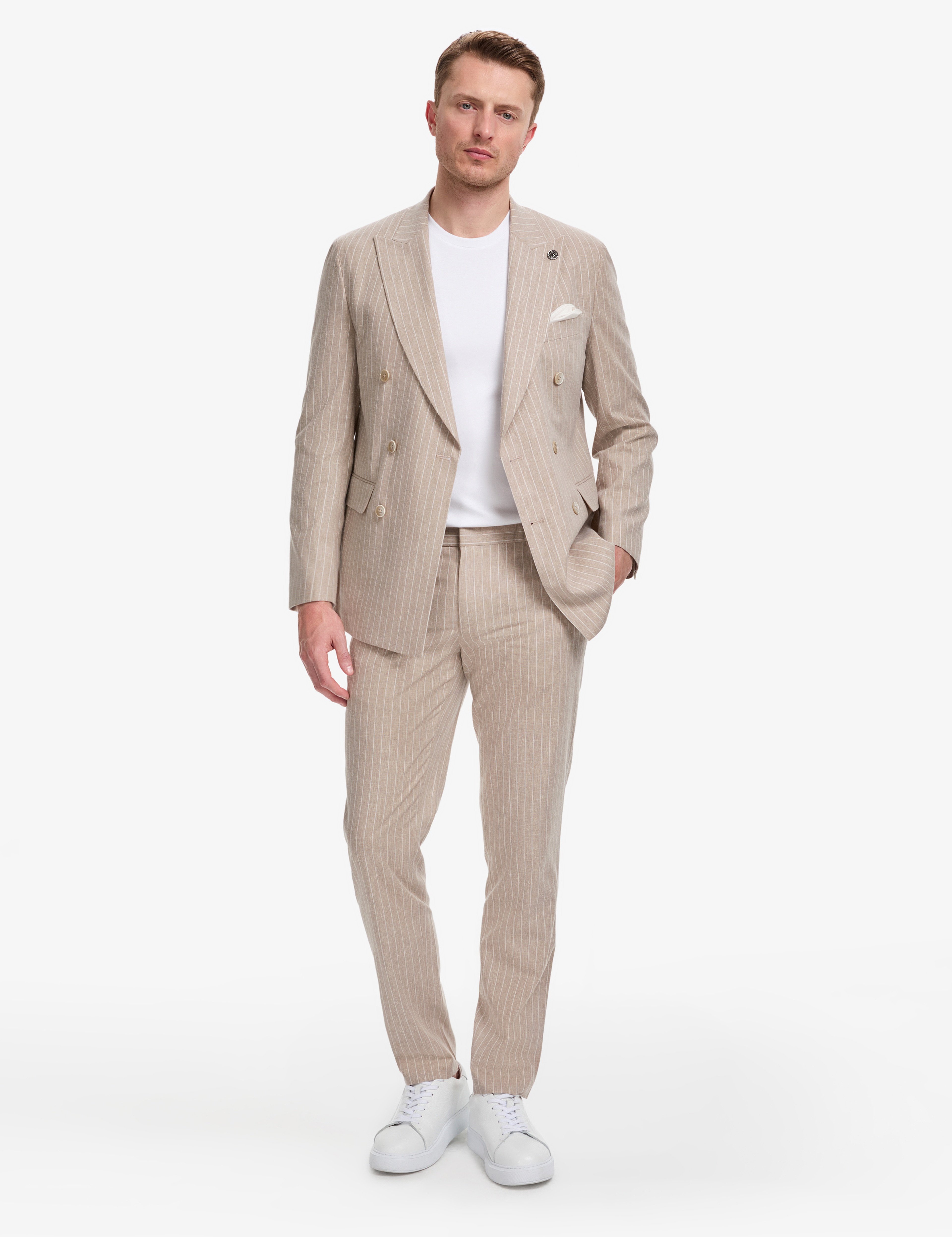 Açık Kahverengi Extra Slim Fit Keten Karışımlı Çizgili Kruvaze Takım Elbise - Image 3