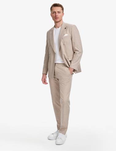 Açık Kahverengi Ex. Slim Fit Keten Karışımlı Çizgili Kruvaze Takım Elbise