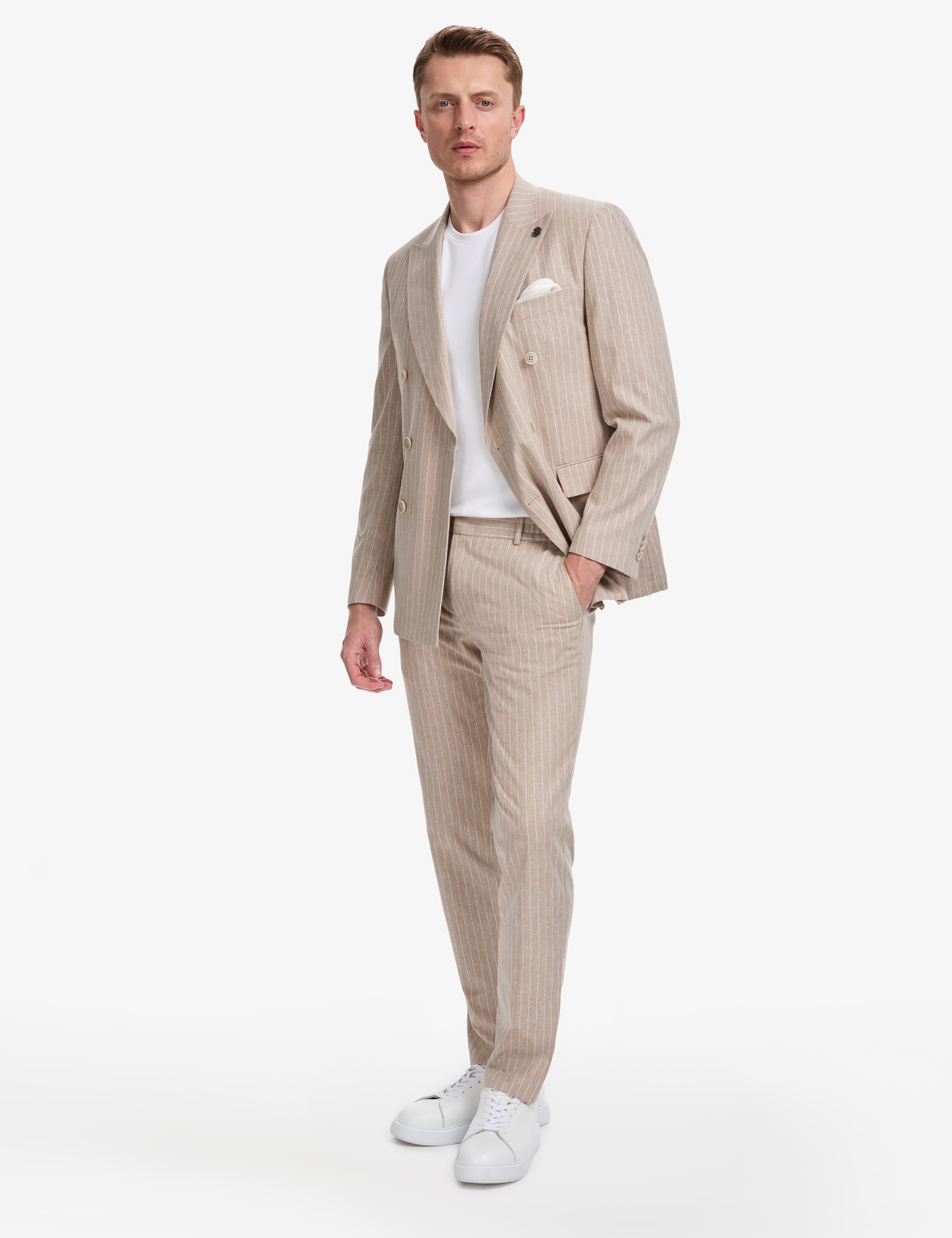Açık Kahverengi Extra Slim Fit Keten Karışımlı Çizgili Kruvaze Takım Elbise - Image 4