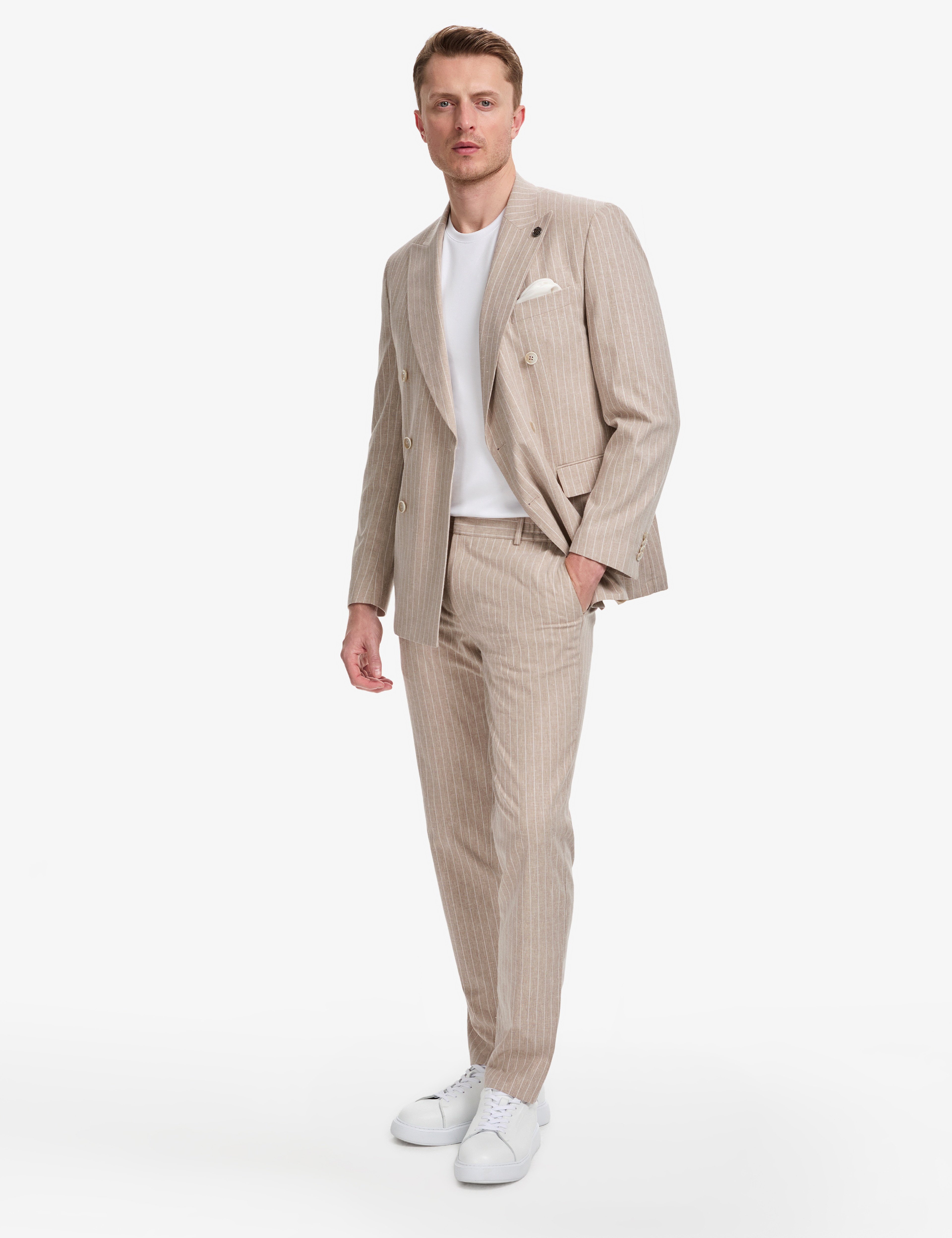 Açık Kahverengi Extra Slim Fit Keten Karışımlı Çizgili Kruvaze Takım Elbise