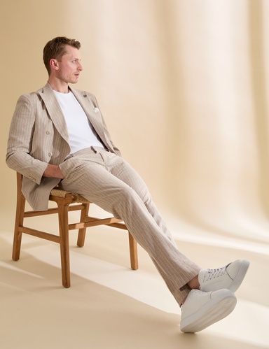 Açık Kahverengi Extra Slim Fit Keten Karışımlı Çizgili Kruvaze Takım Elbise