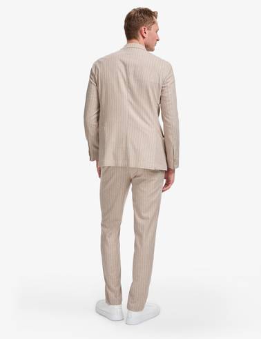 Açık Kahverengi Ex. Slim Fit Keten Karışımlı Çizgili Kruvaze Takım Elbise