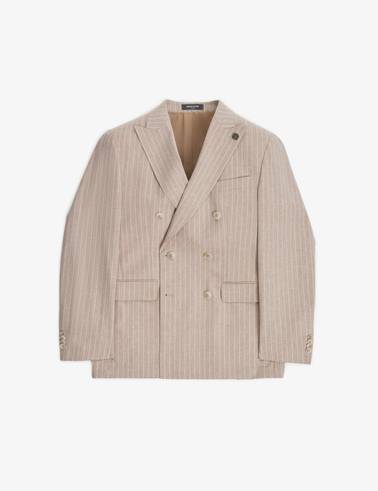 Açık Kahverengi Ex. Slim Fit Keten Karışımlı Çizgili Kruvaze Takım Elbise