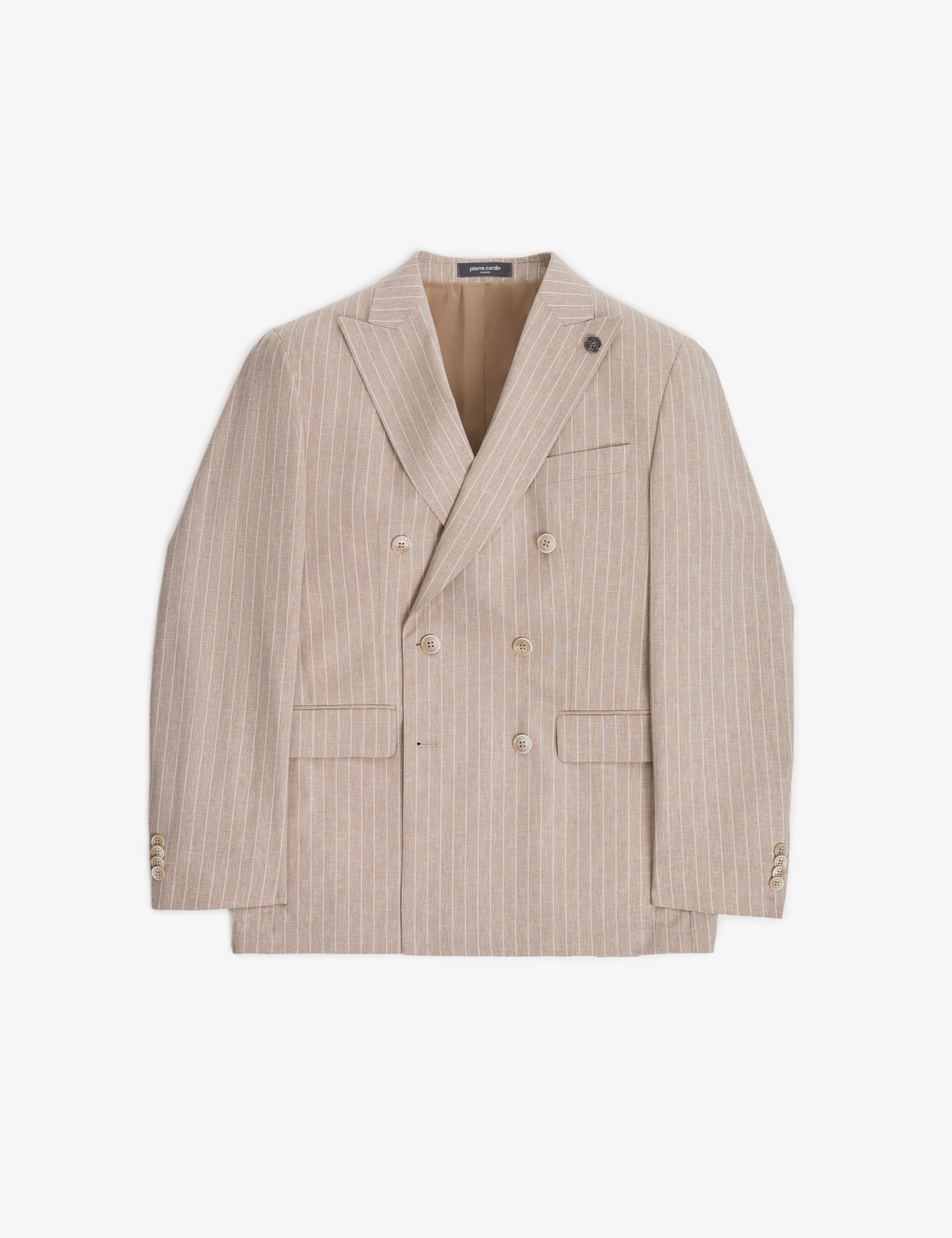 Açık Kahverengi Extra Slim Fit Keten Karışımlı Çizgili Kruvaze Takım Elbise - Image 7