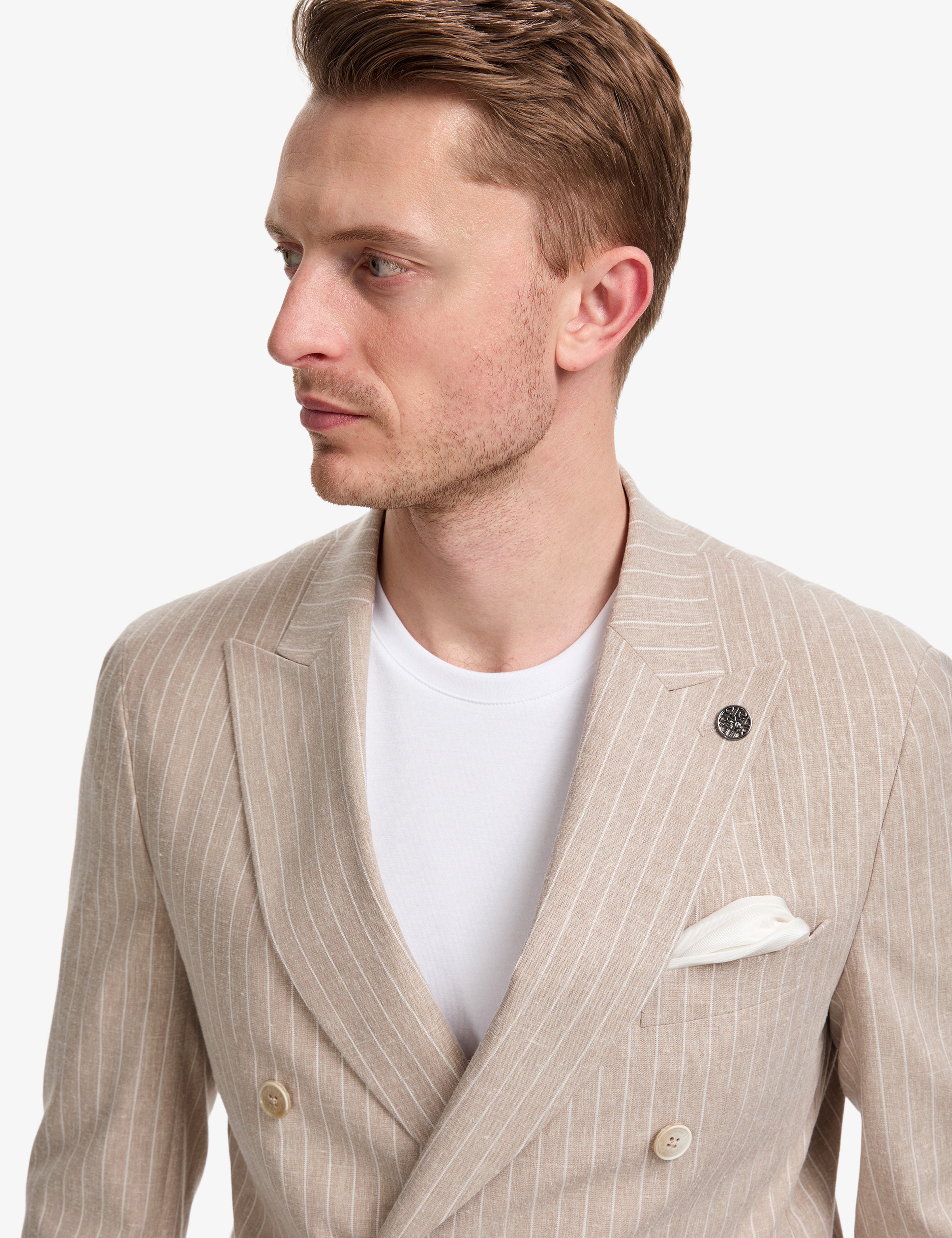 Açık Kahverengi Extra Slim Fit Keten Karışımlı Çizgili Kruvaze Takım Elbise - Image 2