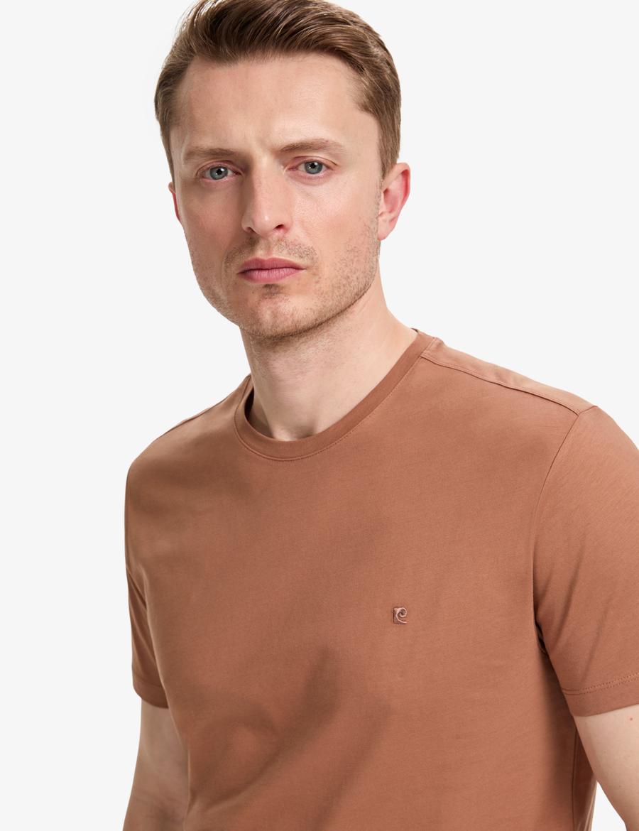 Açık Kahverengi Slim Fit %100 Pamuk Bisiklet Yaka Basic Tişört