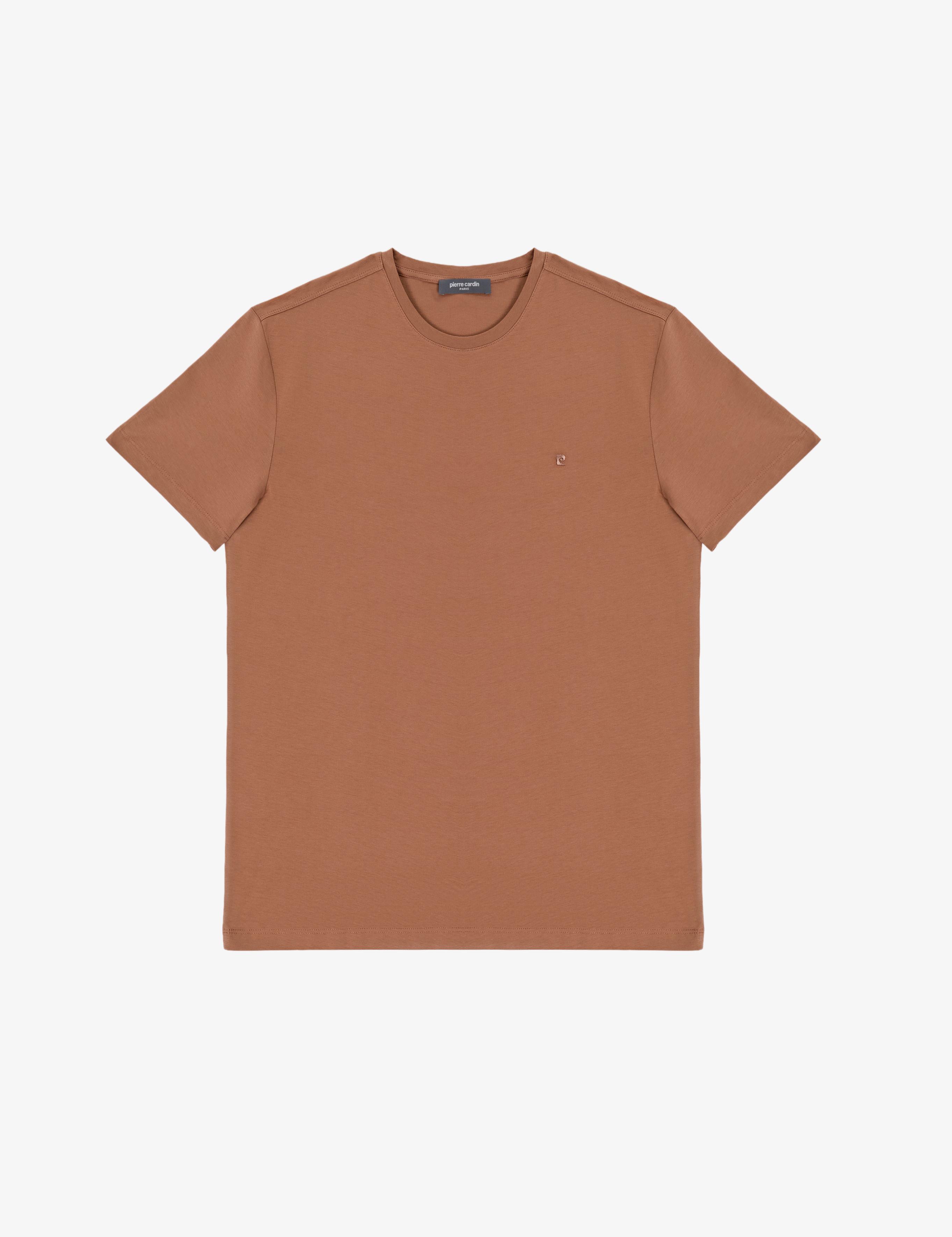 Açık Kahverengi Slim Fit %100 Pamuk Bisiklet Yaka Basic Tişört