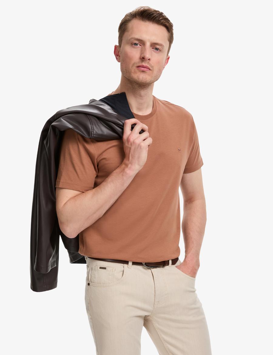 Açık Kahverengi Slim Fit %100 Pamuk Bisiklet Yaka Basic Tişört
