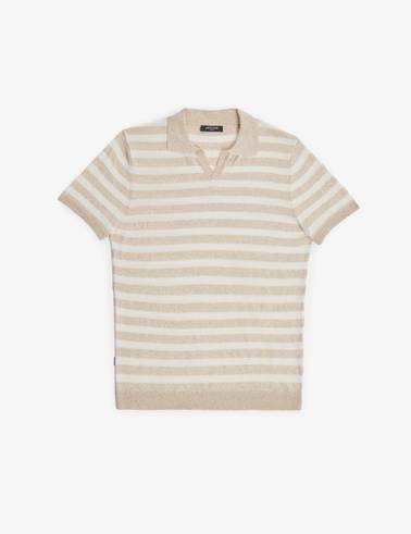 Bej Slim Fit Keten Karışımlı Apaş Yaka Triko Tişört