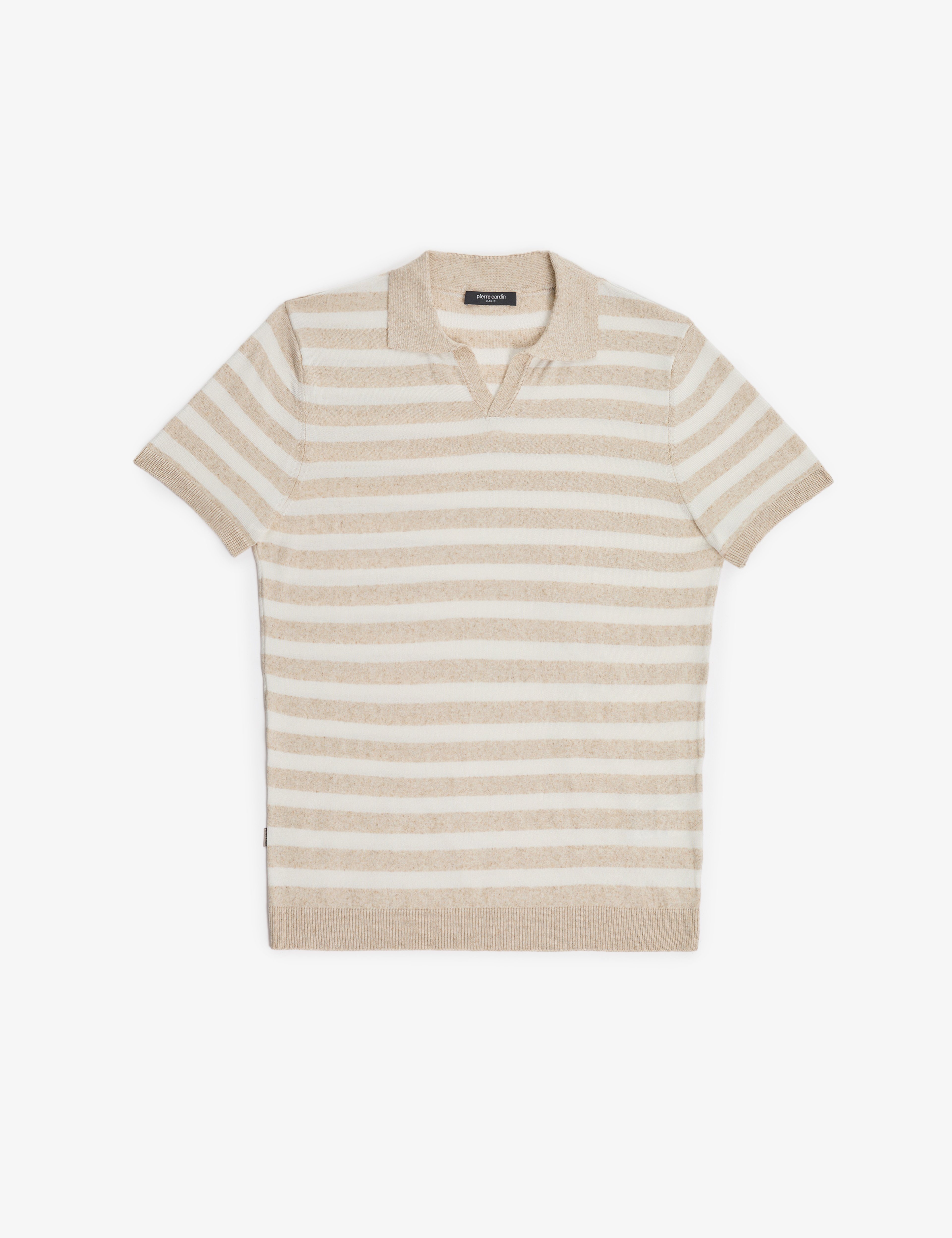 Bej Slim Fit Keten Karışımlı Apaş Yaka Triko Tişört