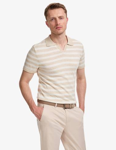 Bej Slim Fit Keten Karışımlı Apaş Yaka Triko Tişört