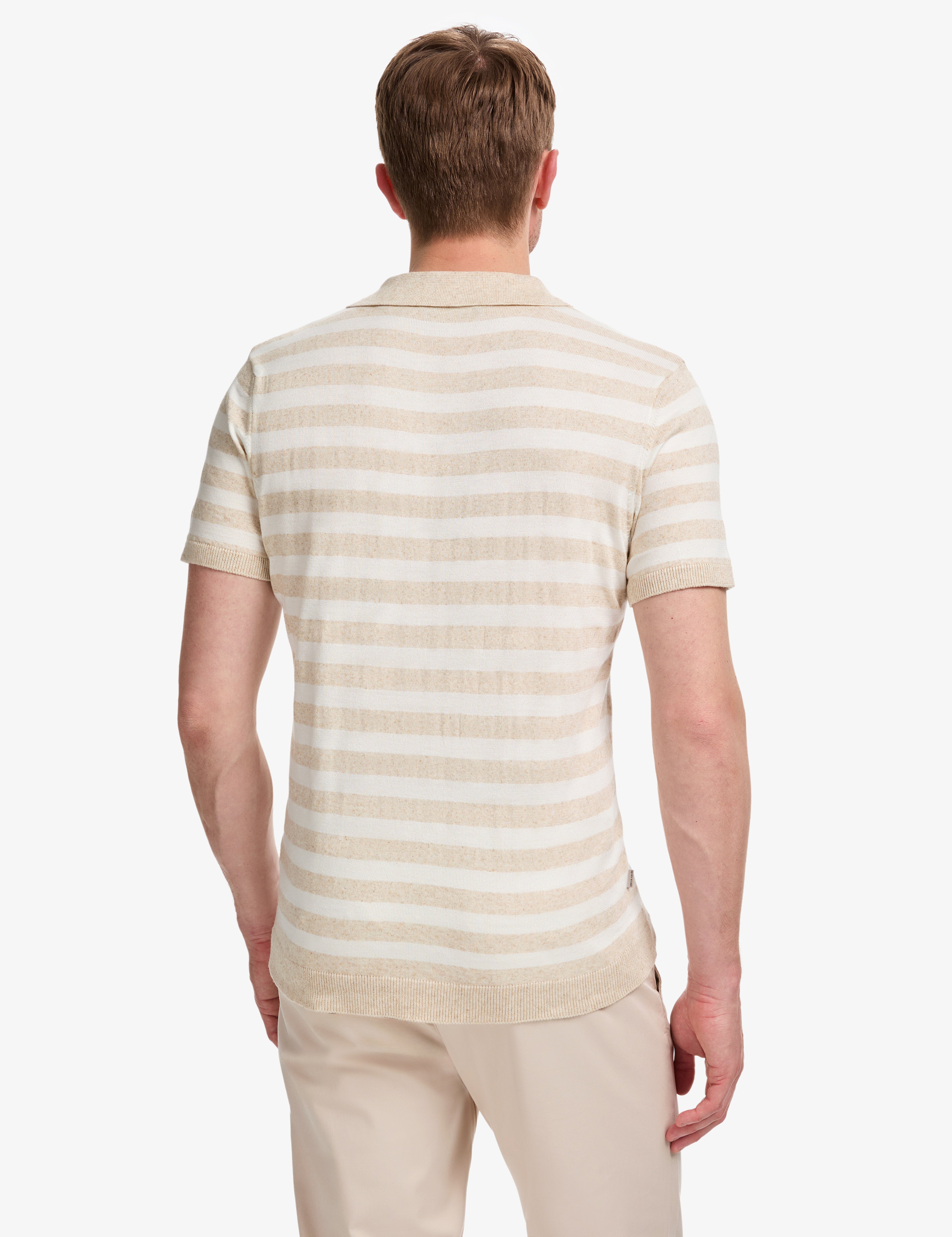 Bej Slim Fit Keten Karışımlı Apaş Yaka Triko Tişört