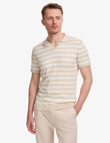 Bej Slim Fit Keten Karışımlı Apaş Yaka Triko Tişört