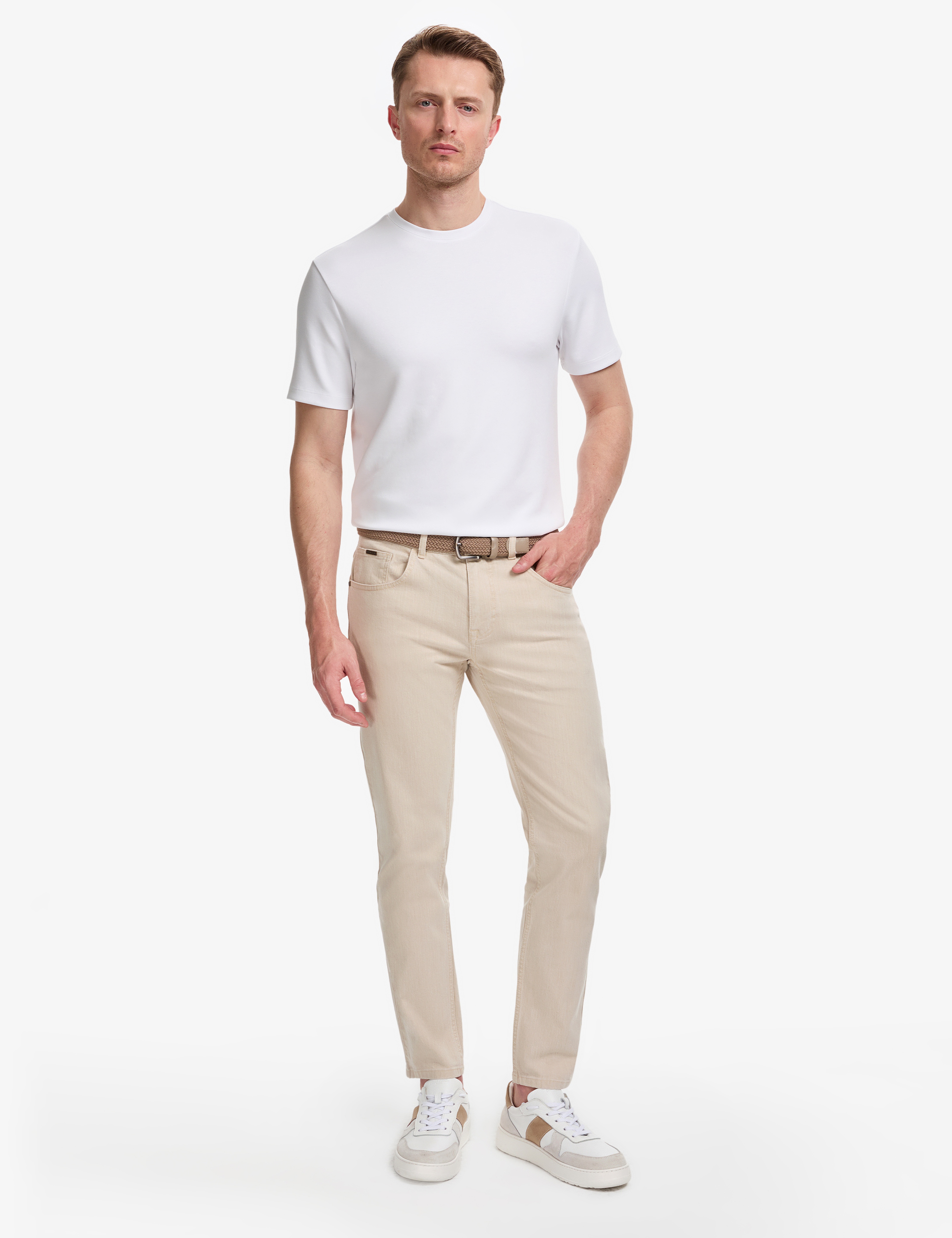 Ekru Regular Fit Bisiklet Yaka Basic Tişört