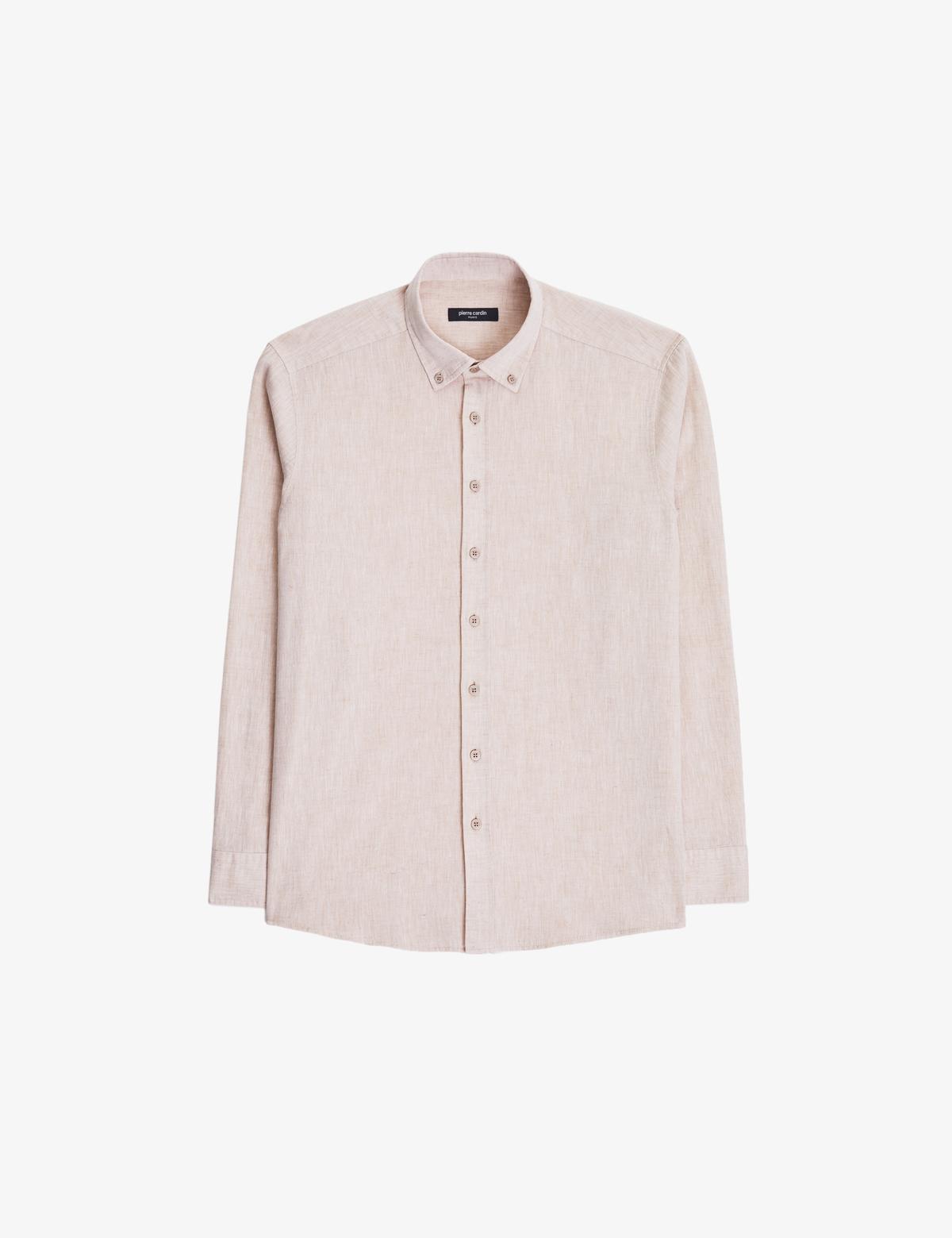 Bej Keten Karışımlı Regular Fit Uzun Kollu Gömlek - 50325356047