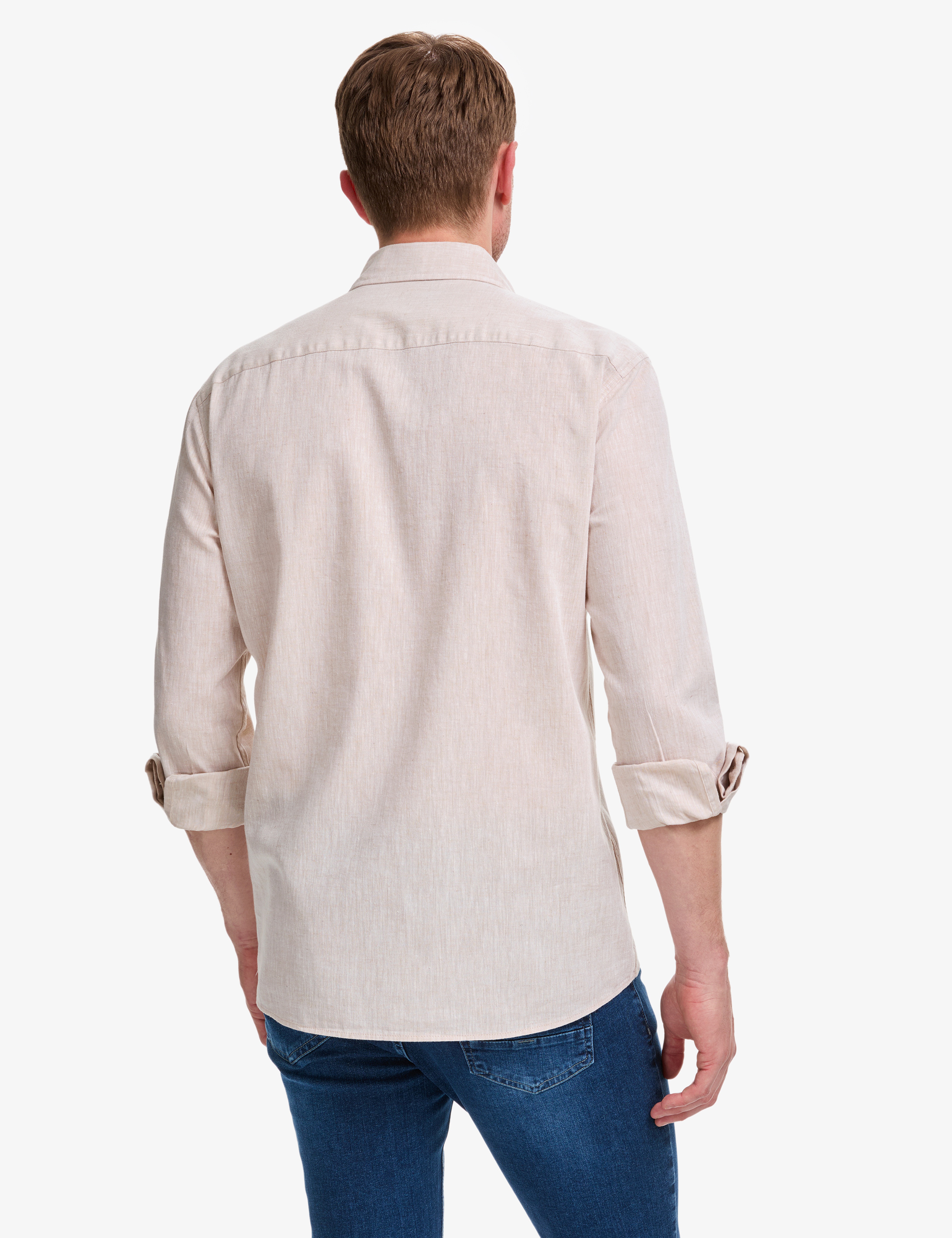 Bej Keten Karışımlı Regular Fit Uzun Kollu Gömlek - Image 5