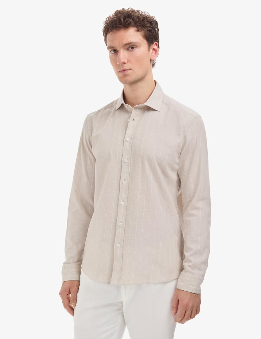 Bej Keten Karışımlı Regular Fit Çizgili Uzun Kollu Gömlek