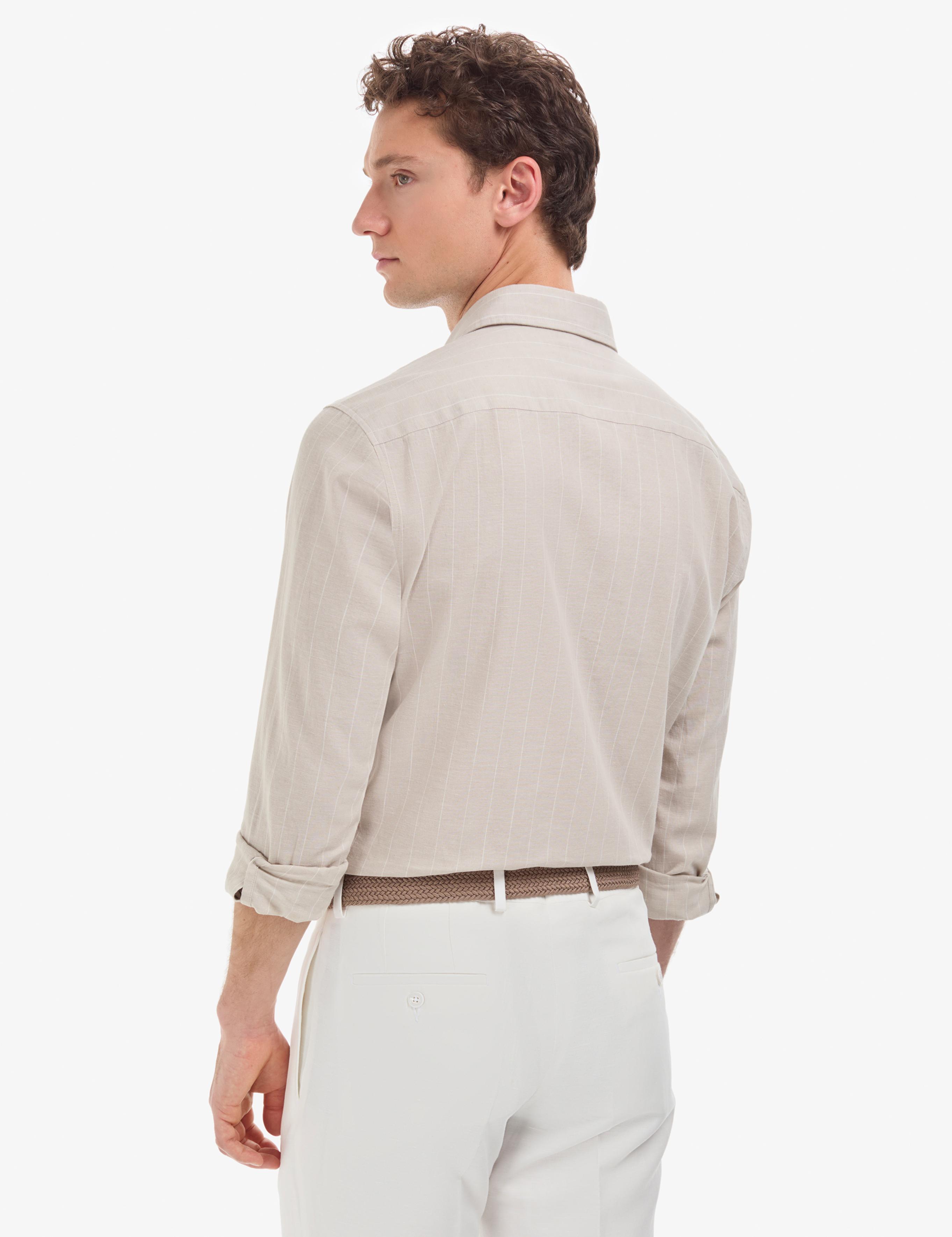 Bej Keten Karışımlı Regular Fit Çizgili Uzun Kollu Gömlek