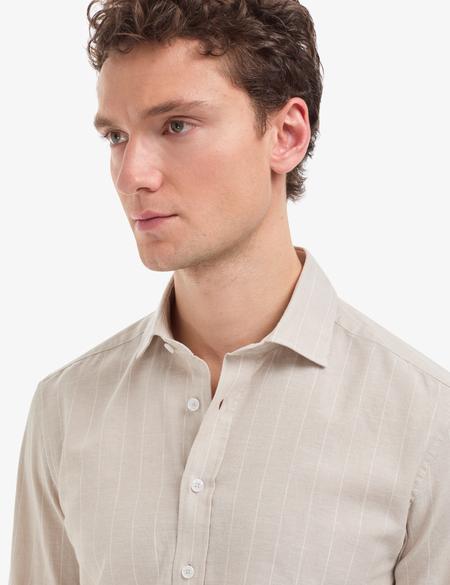 Bej Keten Karışımlı Regular Fit Çizgili Uzun Kollu Gömlek - 50325330016