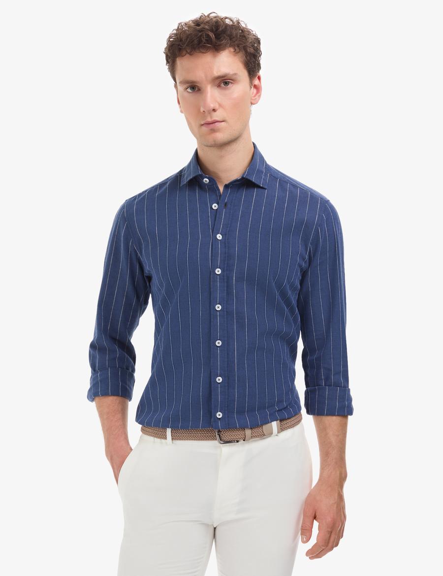 Lacivert  Keten Karışımlı Regular Fit Çizgili Uzun Kollu Gömlek