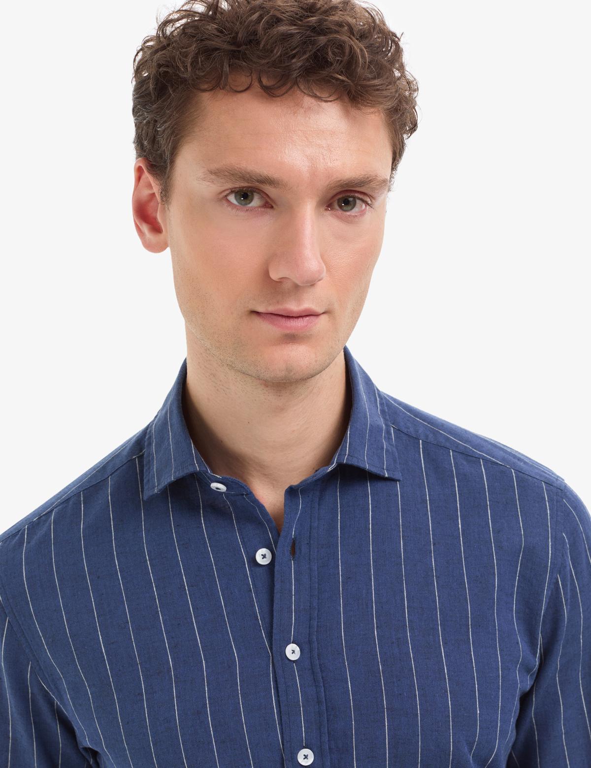 Lacivert  Keten Karışımlı Regular Fit Çizgili Uzun Kollu Gömlek - 50325330008