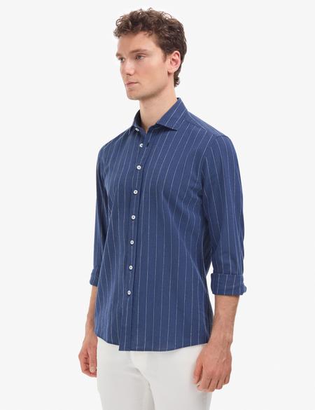 Lacivert  Keten Karışımlı Regular Fit Çizgili Uzun Kollu Gömlek - 50325330008