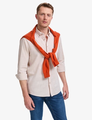 Bej Keten Karışımlı Regular Fit Uzun Kollu Gömlek