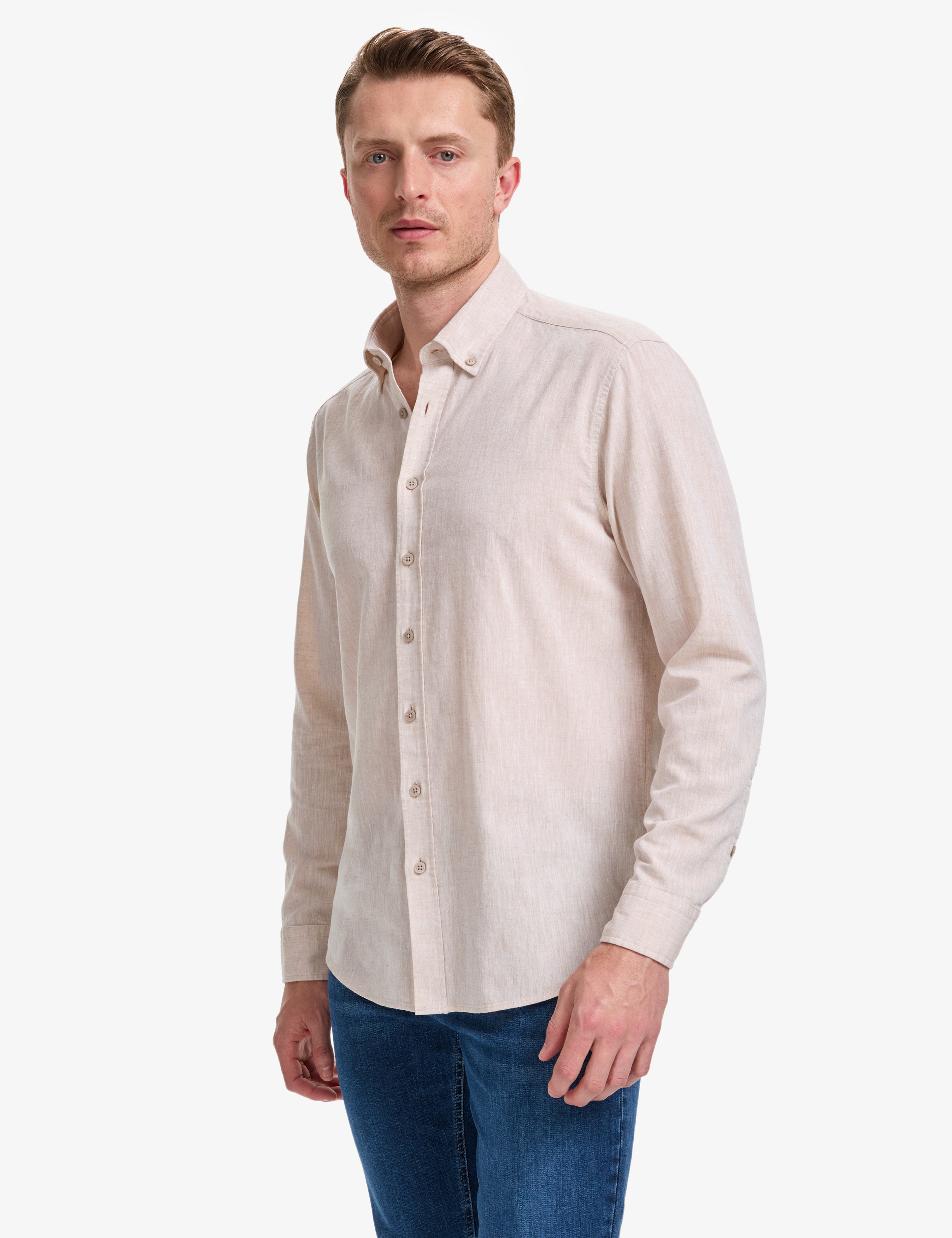 Bej Keten Karışımlı Regular Fit Uzun Kollu Gömlek