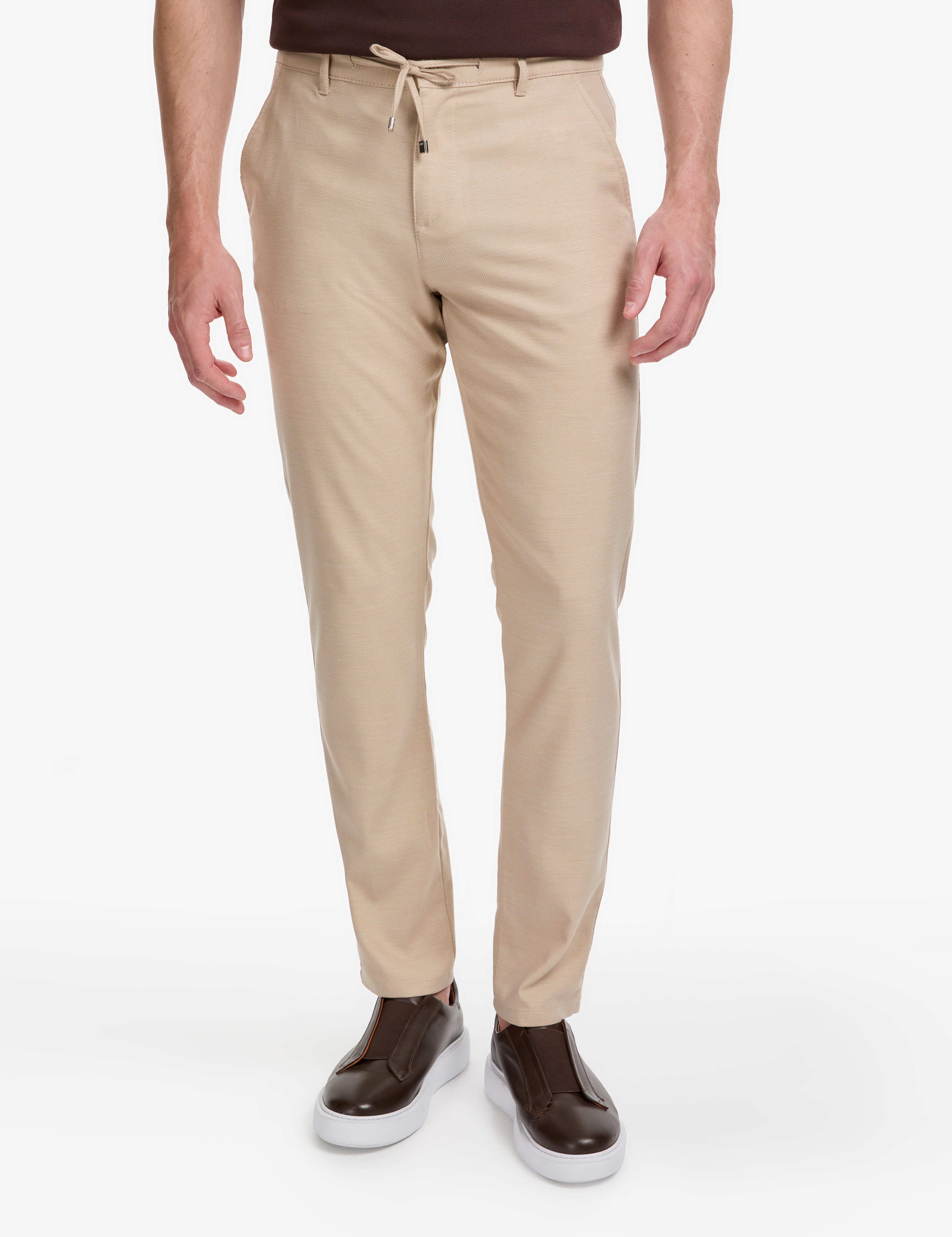Bej Slim Fit Beli Kordonlu Kanvas Pantolon - Image 2