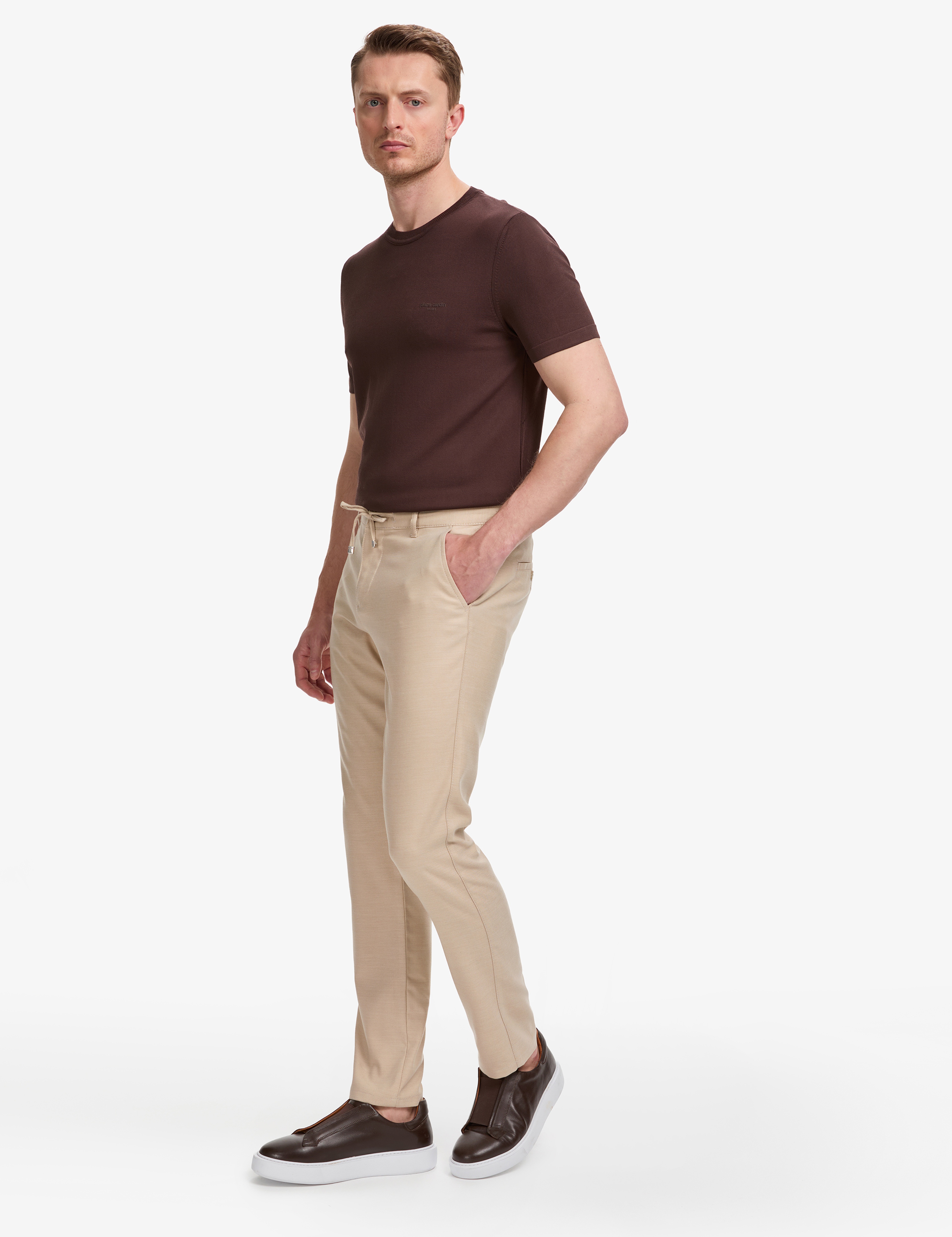 Bej Slim Fit Beli Kordonlu Kanvas Pantolon - Image 3