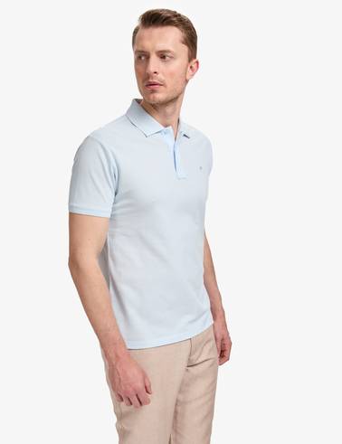 Açık Mavi Slim Fit %100 Pamuk Düğmeli Polo Yaka Basic Tişört