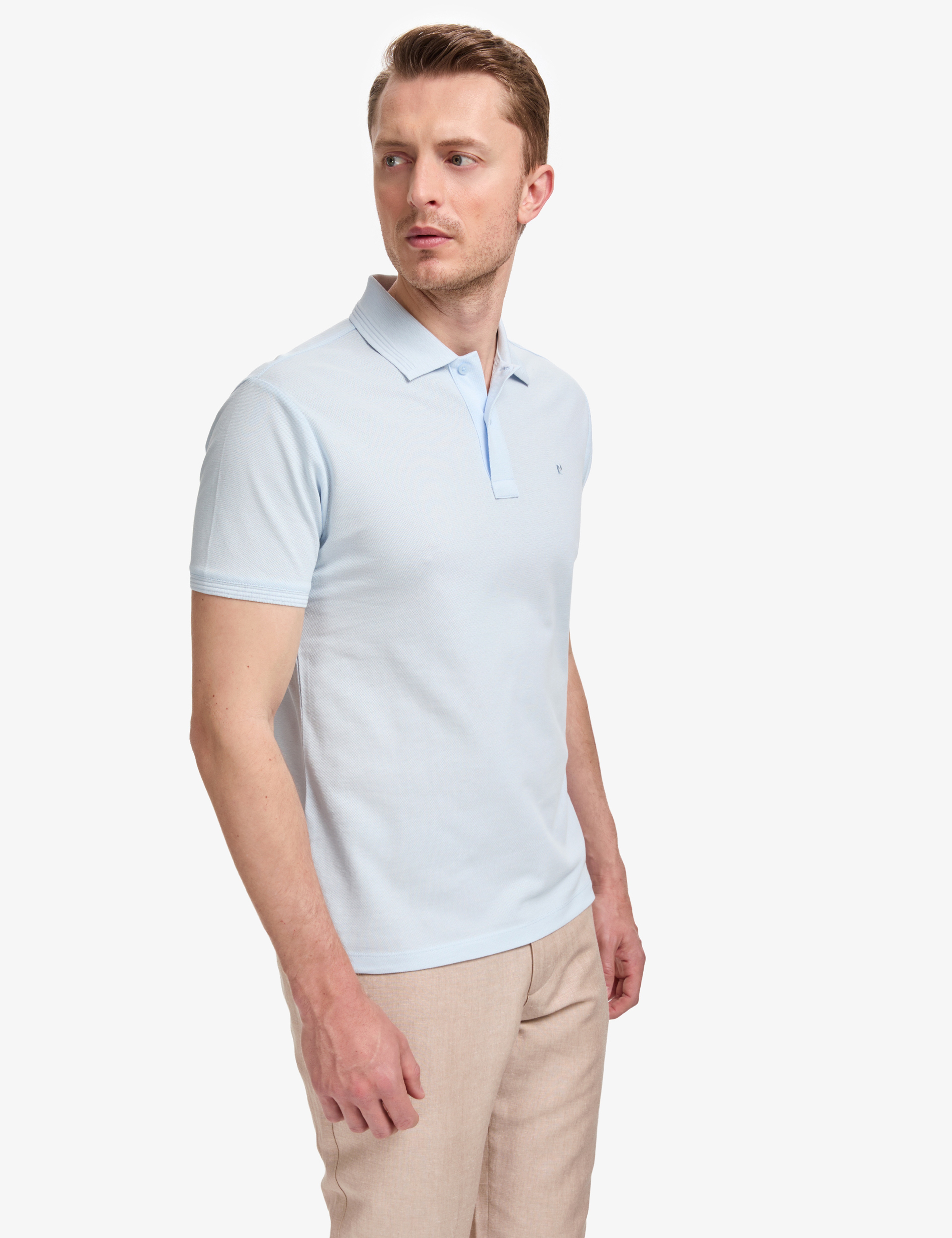 Açık Mavi Slim Fit %100 Pamuk Düğmeli Polo Yaka Basic Tişört