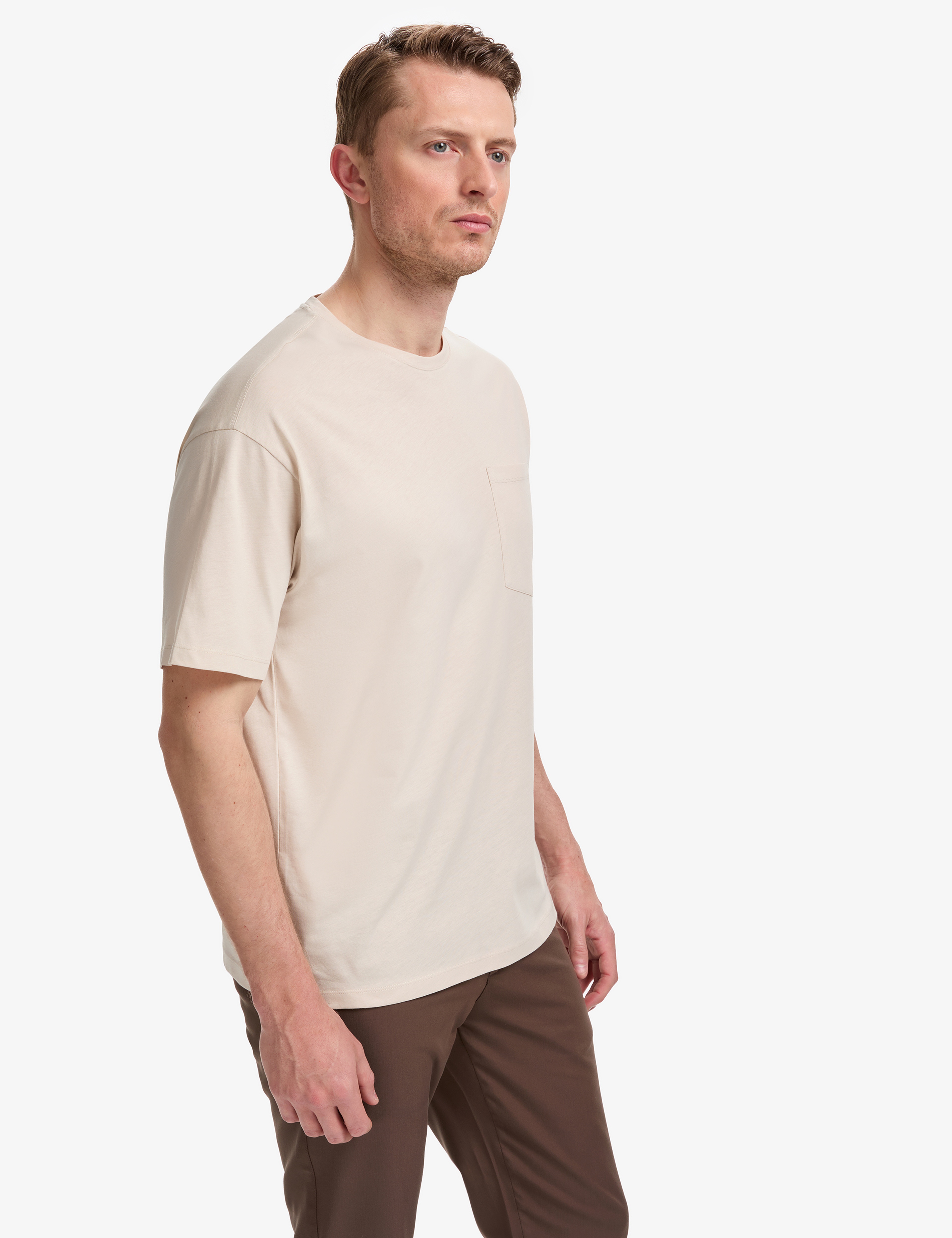 Bej Comfort Fit %100 Pamuk Bisiklet Yaka Basic Tişört - Image 3