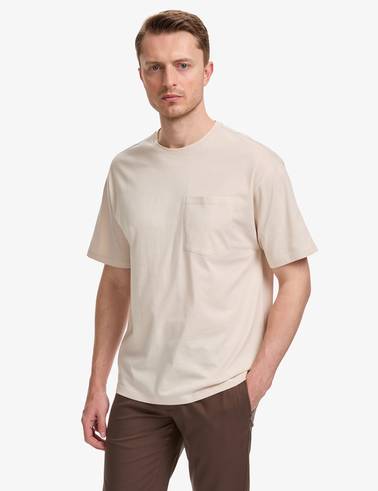 Bej Comfort Fit %100 Pamuk Bisiklet Yaka Basic Tişört