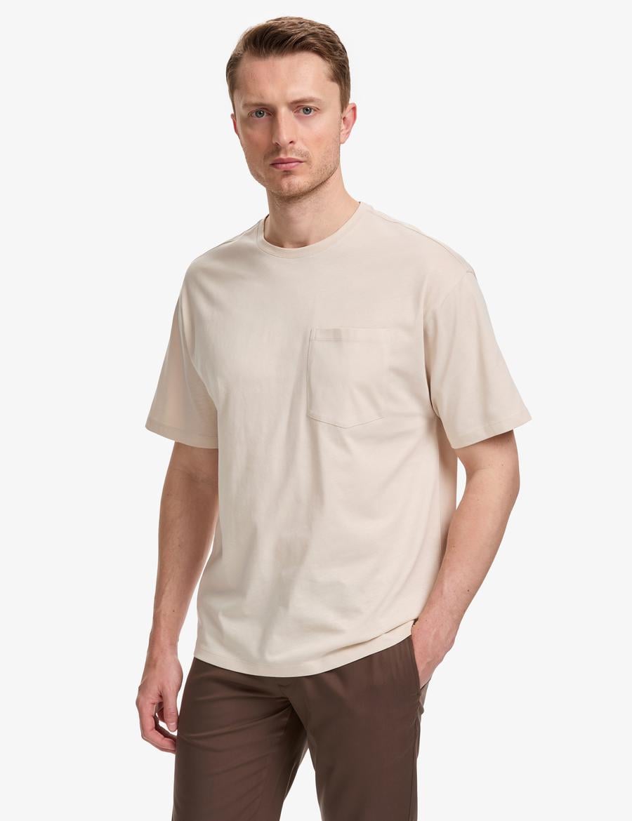 Bej Comfort Fit %100 Pamuk Bisiklet Yaka Basic Tişört