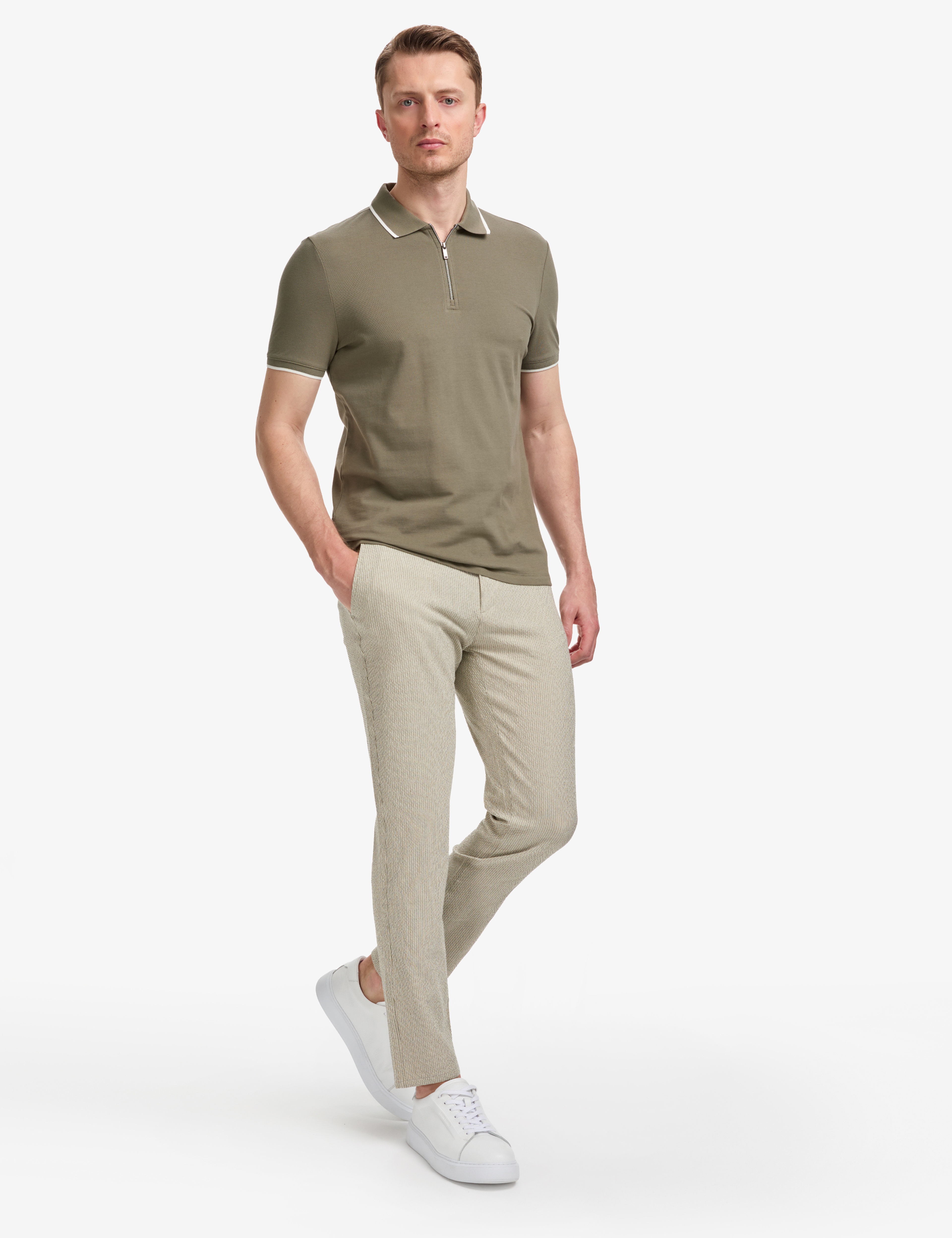 Haki Slim Fit %100 Pamuk Fermuarlı Polo Yaka Tişört
