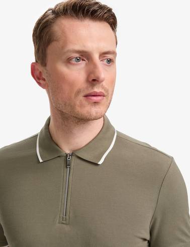 Haki Slim Fit %100 Pamuk Fermuarlı Polo Yaka Tişört