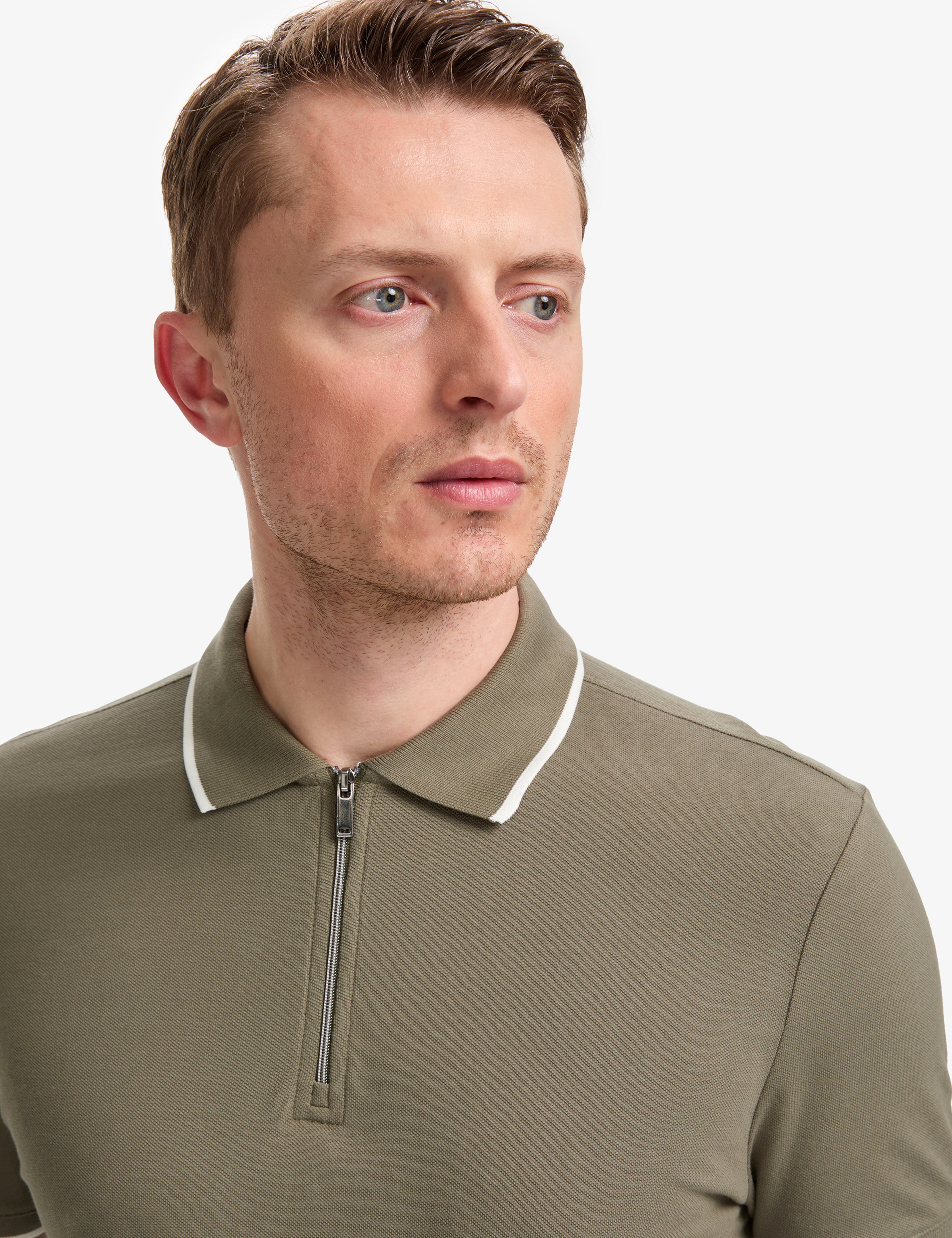 Haki Slim Fit %100 Pamuk Fermuarlı Polo Yaka Tişört - Image 3