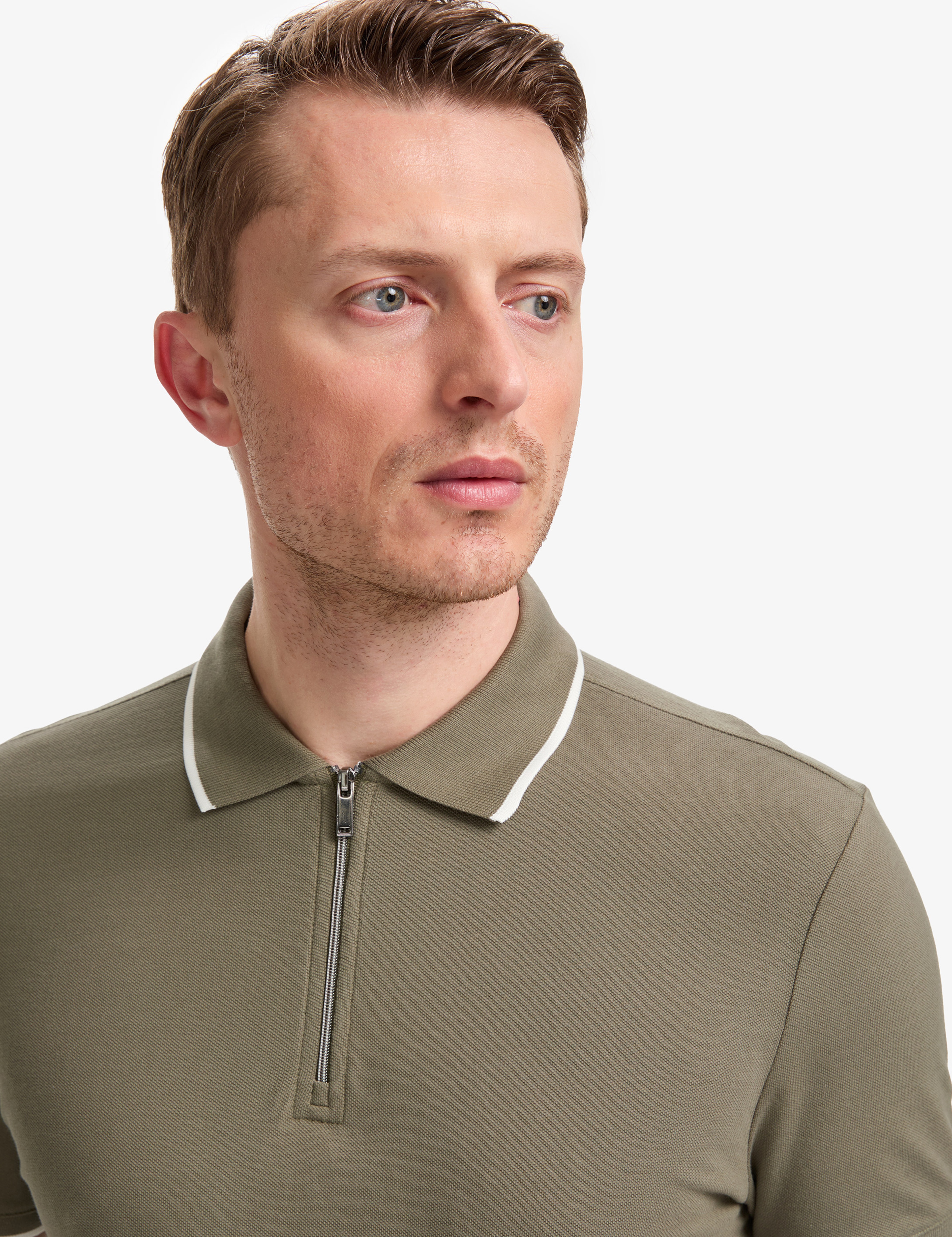 Haki Slim Fit %100 Pamuk Fermuarlı Polo Yaka Tişört