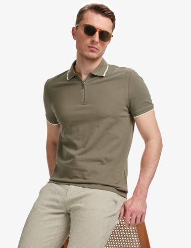 Haki Slim Fit %100 Pamuk Fermuarlı Polo Yaka Tişört